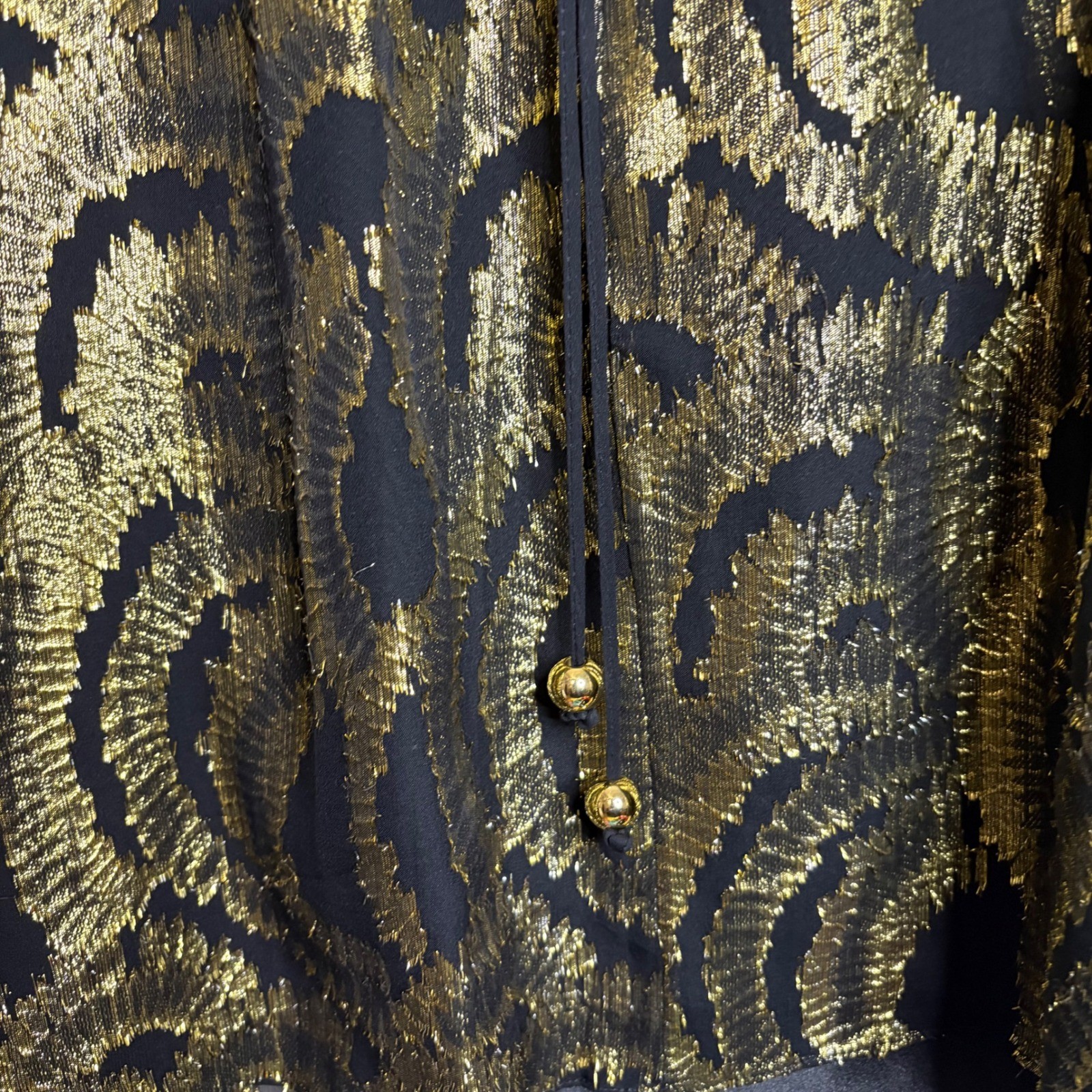 Milly New York Black Gold Metallic Silk Long Sleeve Dress with Tie Back Size 6