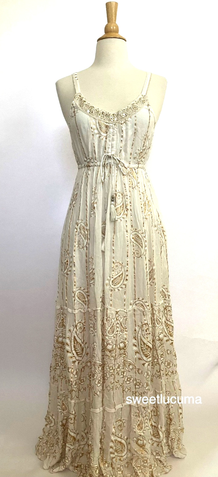 NWT Me 2 Magic Anthropologie Maxi Dress S Ivory Gold Lurex Smocked Embroidered