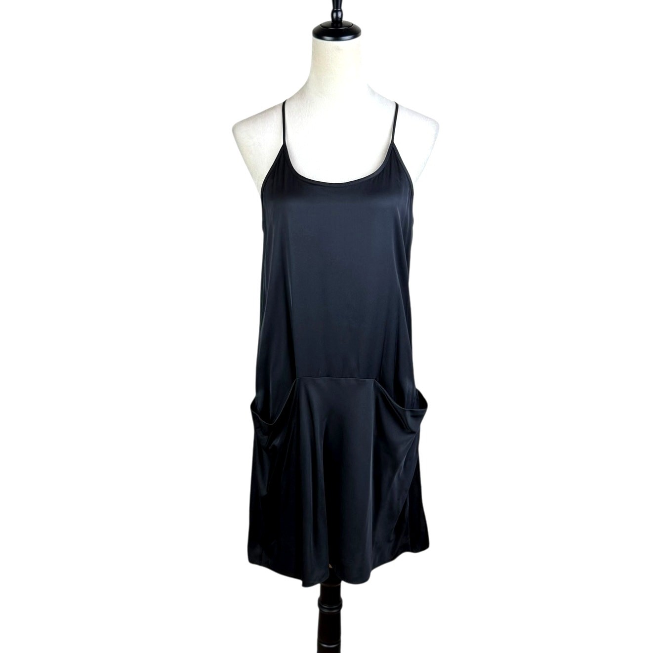 Theory 4 Black Satin Silk Blend Draped Pockets Racerback Mini Slip Party Dress