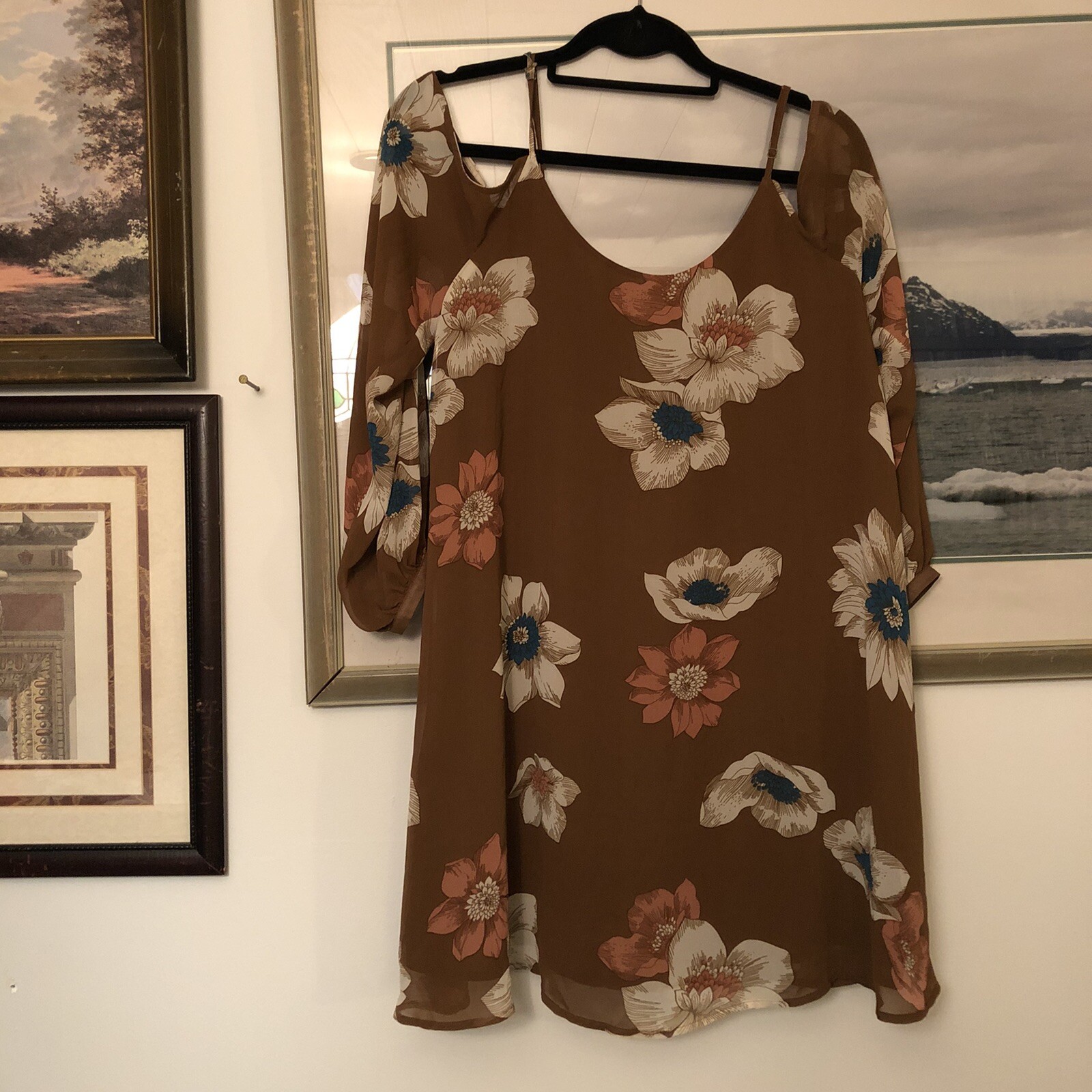Leith Brown Cold Shoulder Floral Mini Tunic Dress Sz M A3114