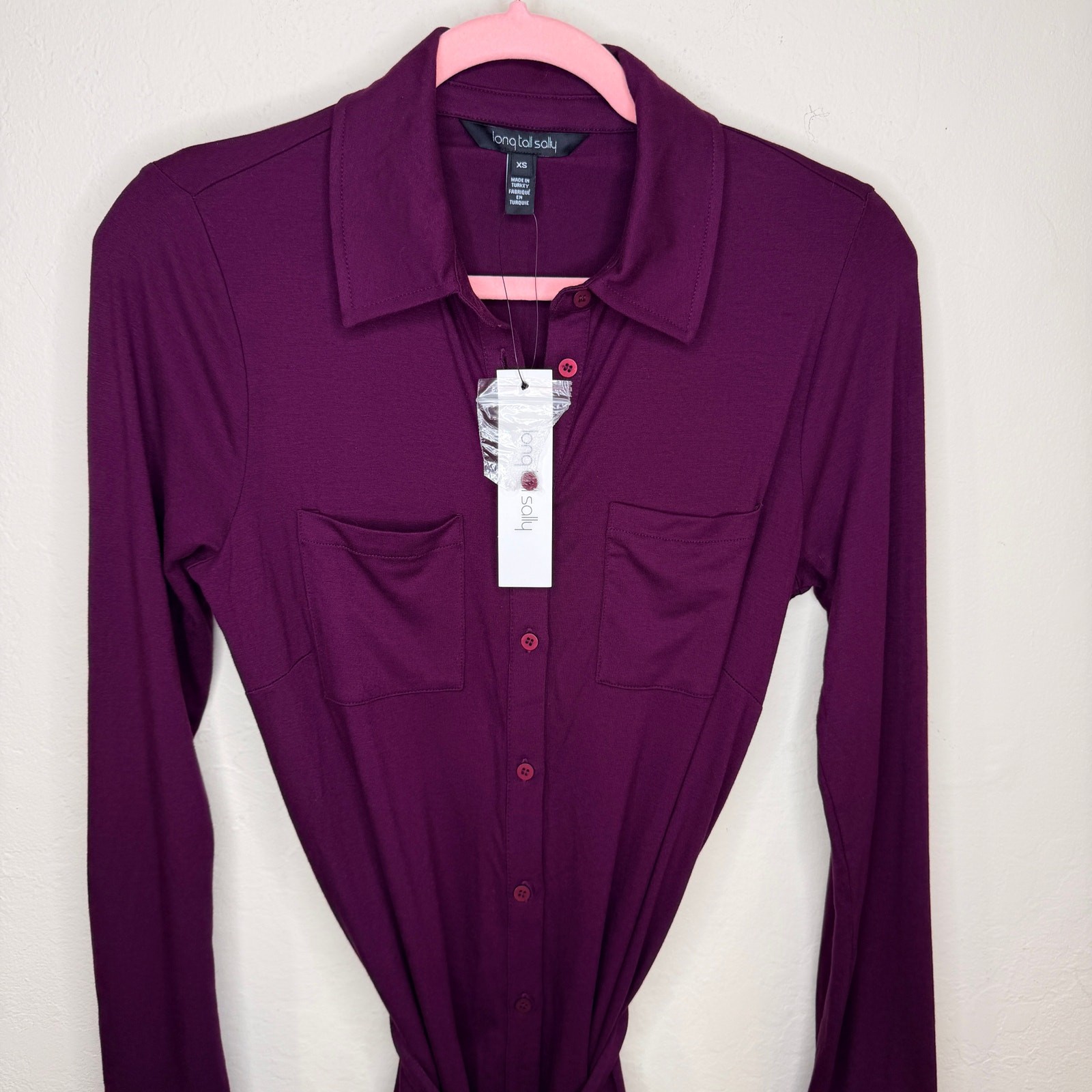 NWT Long Tall Sally Button Down Purple Belted Tie Waist T Shirt Tunic Mini Dress
