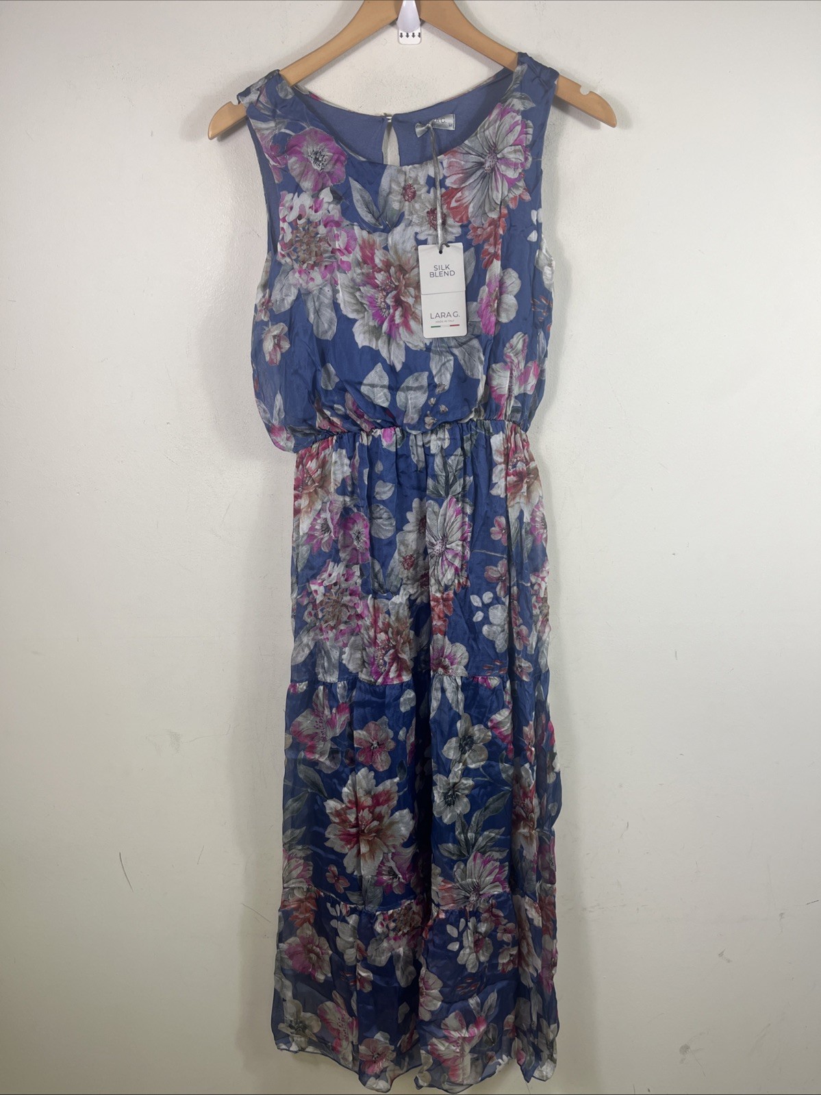 Lara G Womens Floral Silk Blend Blouson Maxi Dress Size M Blue Pink Lightweight