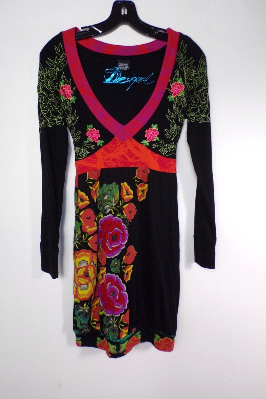 Desigual Mila Dress S Cotton Knit V Neck Embroidered Whimsigoth Empire Waist