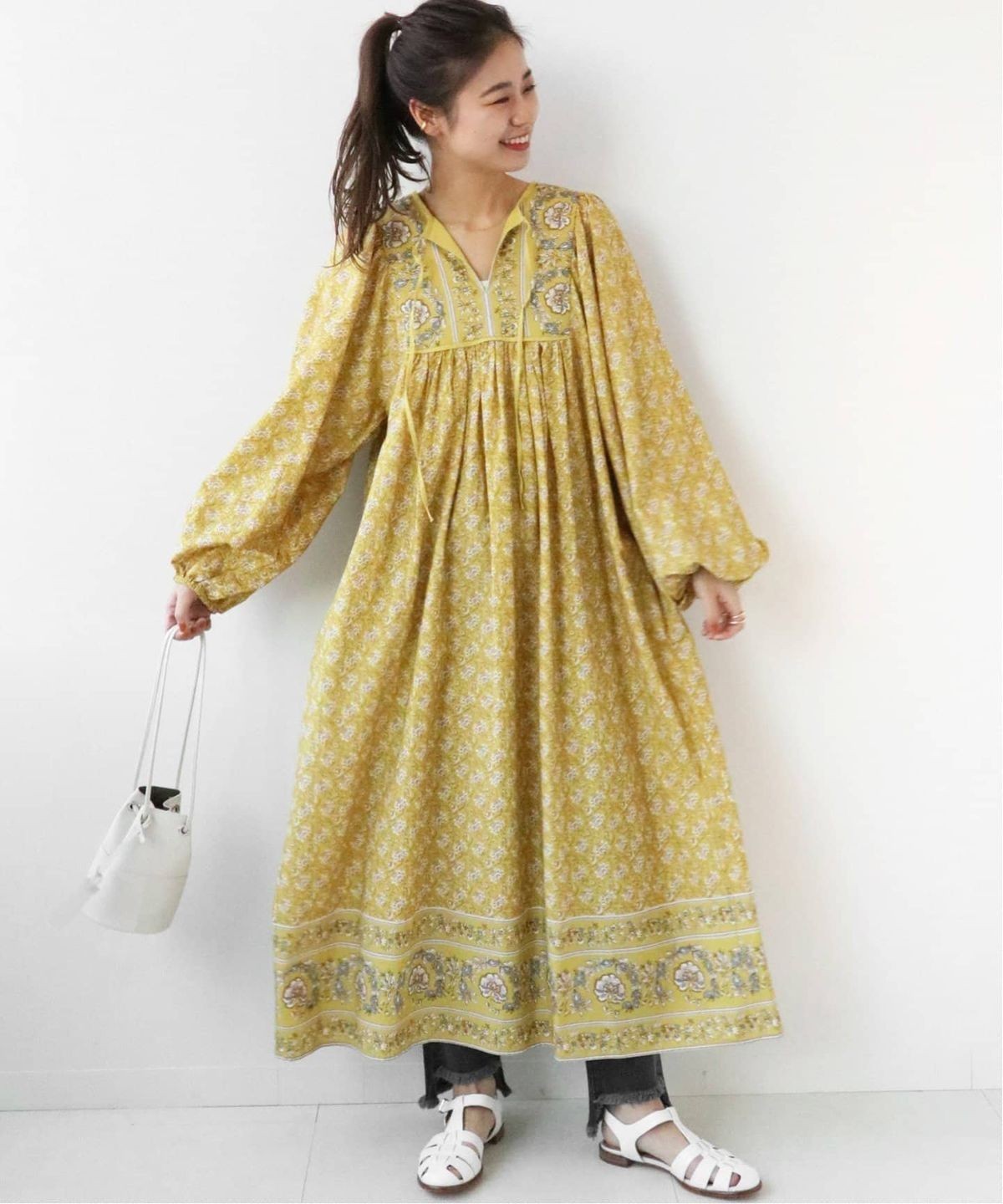 Japan womens cotton blend floral panel print dress yellow Journal Standard