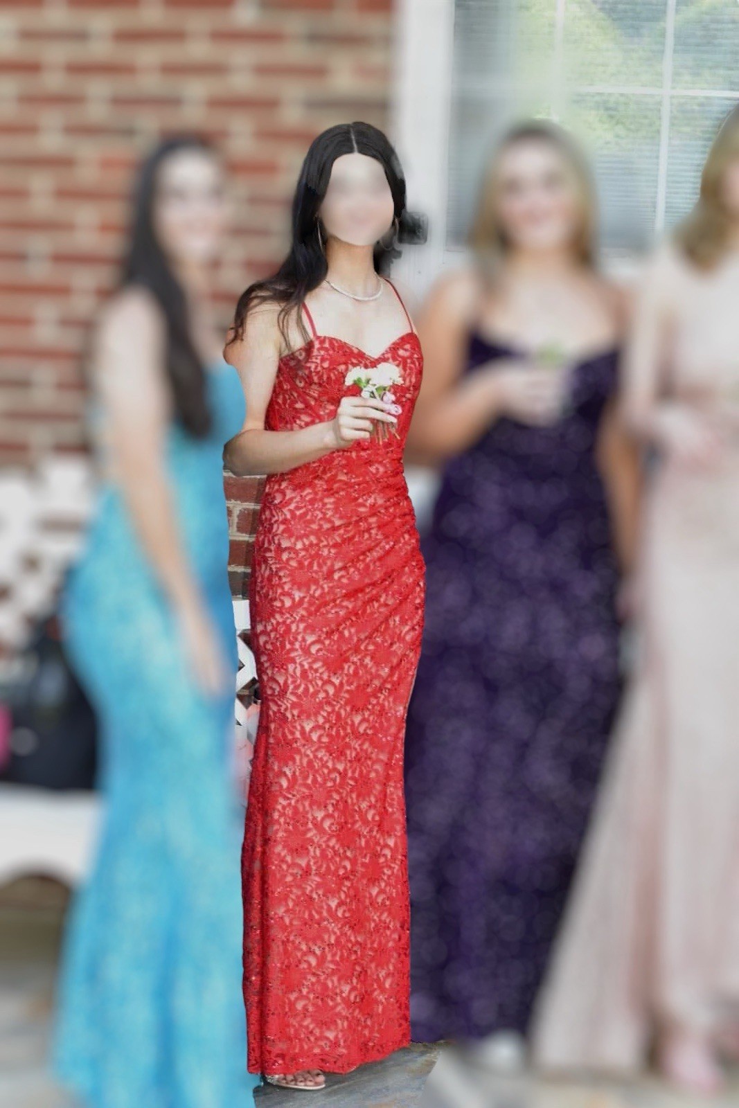 Galina Signature Red Sequin Lace Corset Maxi Dress Slit Prom Formal Gown Size 4