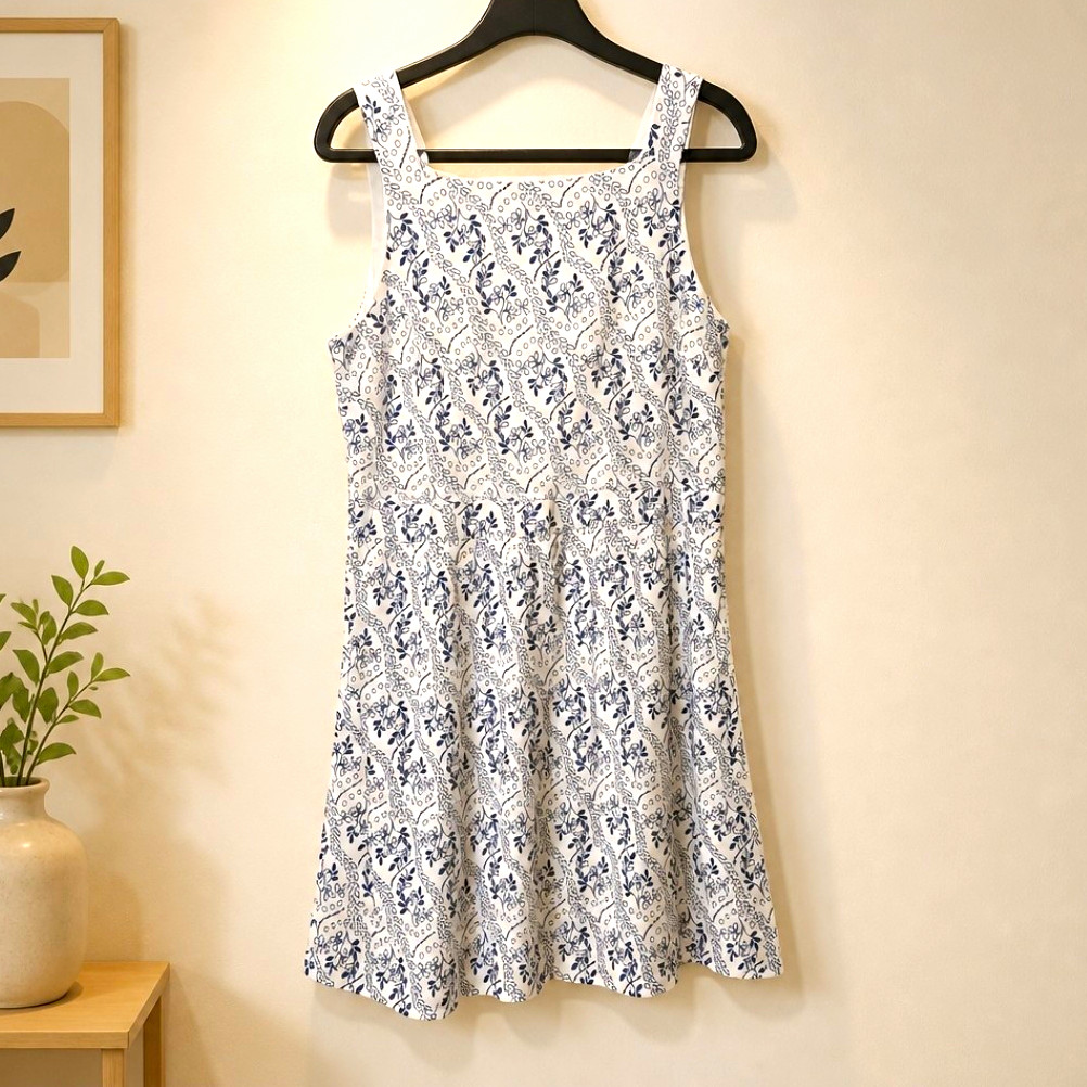 LOFT White Blue Floral Square Neck Strappy Sleeveless Cutout Dress Womens 14