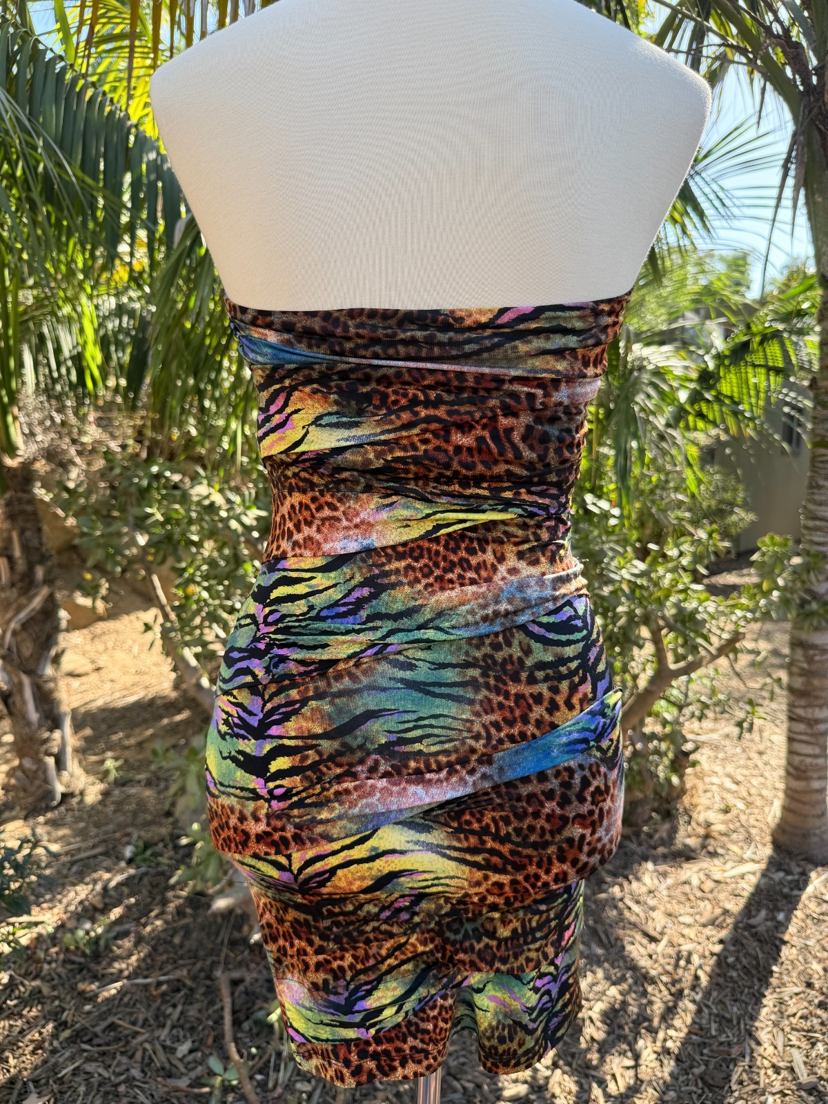 Forever 21 Y2K Rave Neon Ruched Animal Print Halter Bodycon Mini Dress Size S/P