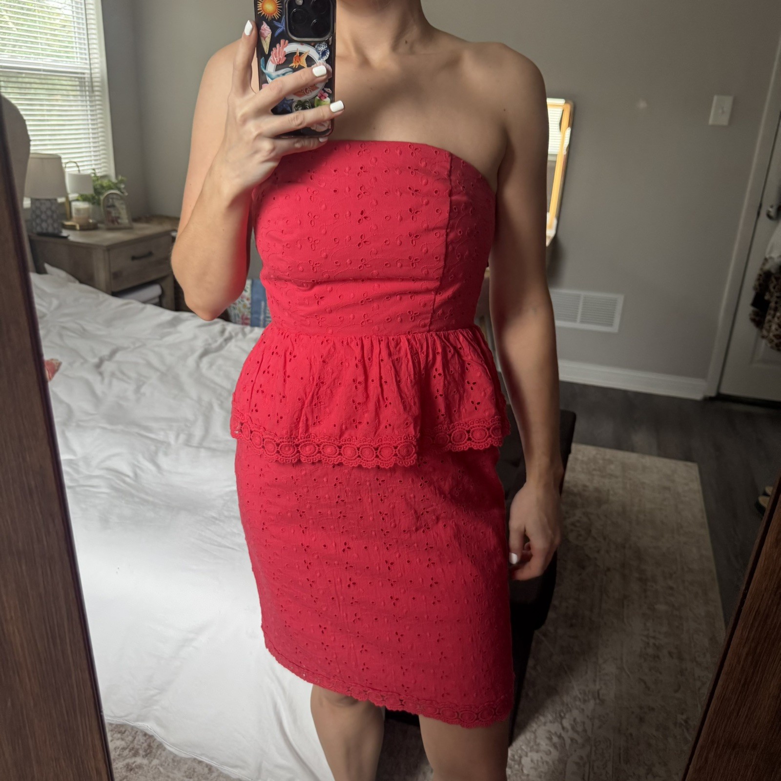 Allen B strapless dress Size 4 Bright Red Eyelet lace fabric Ruffle overlay