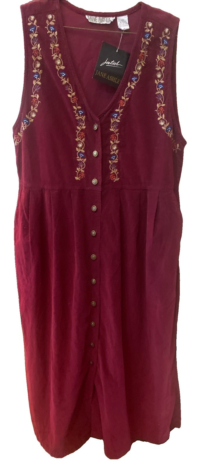 VTG 90s Y2K Jane Ashley Burgundy Jumper 100% Cotton SzL Corduroy Embroidered NWT