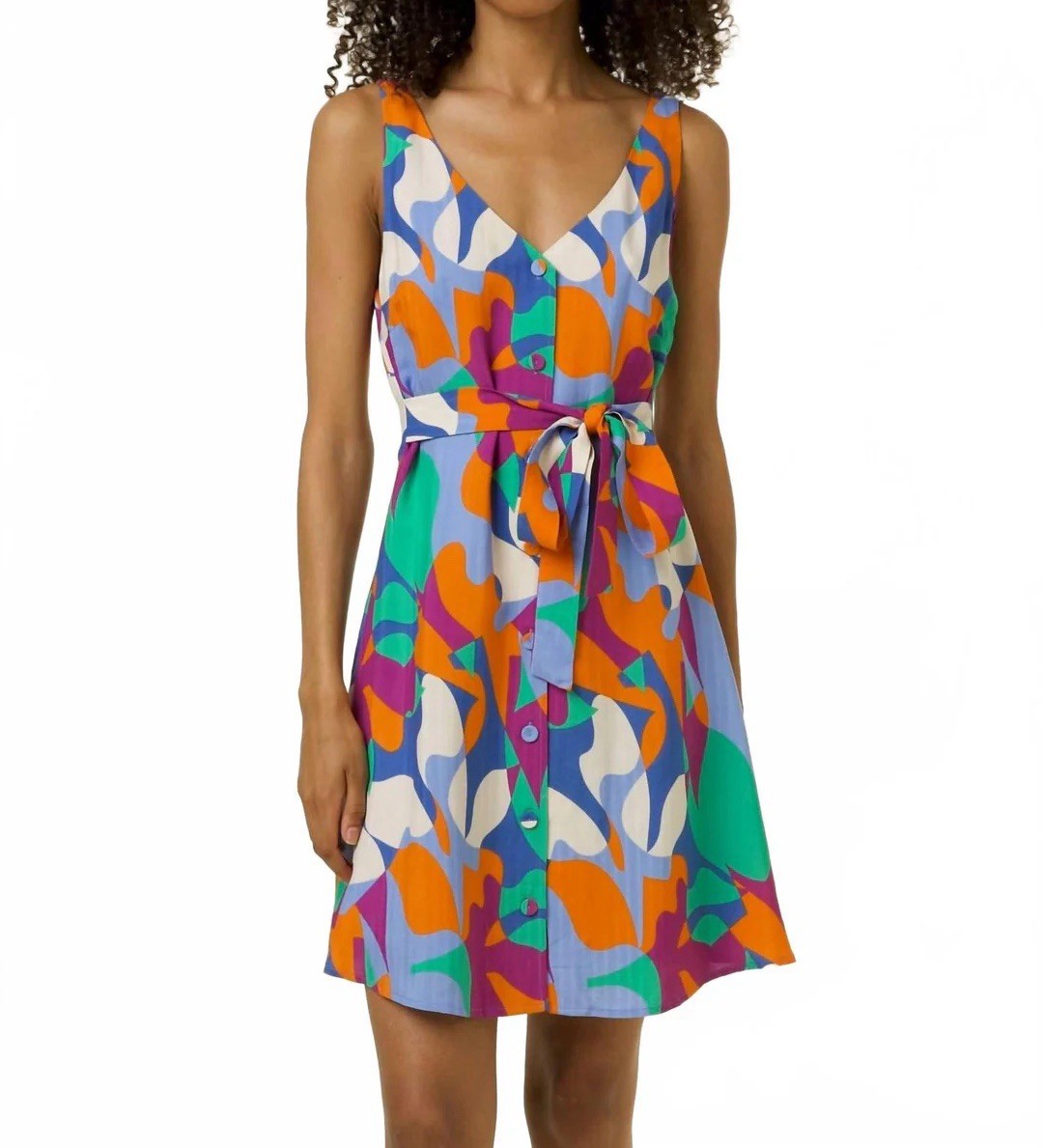 FRNCH Elora Mini Dress In Carnival Print Colorful Tropical Tie Back V-Neck Sz M