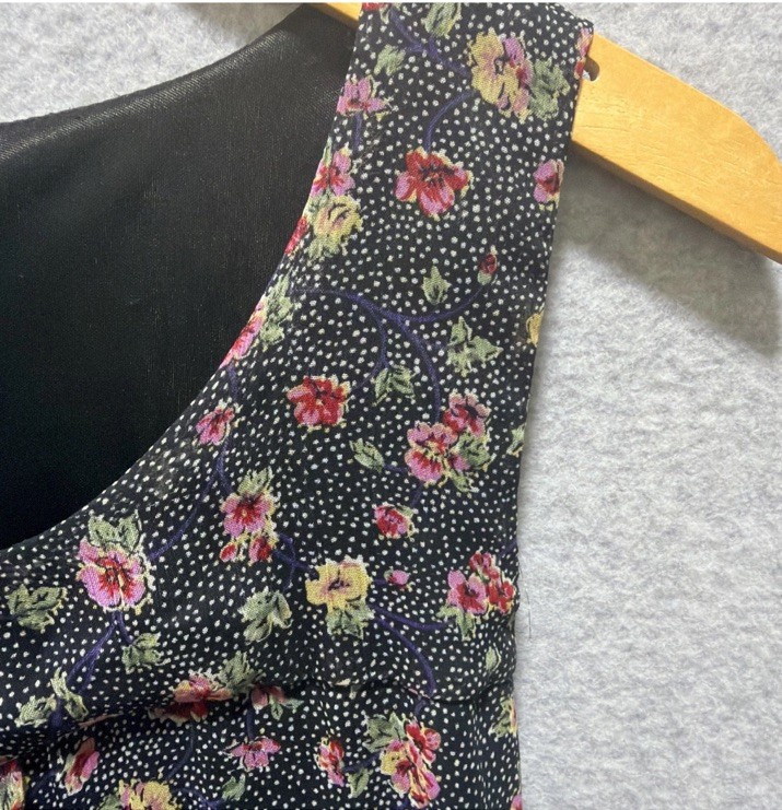 An’ge Paris Tired Sleeveless Sheer Lined Mini Dress Black Floral Dotted Ruffle M