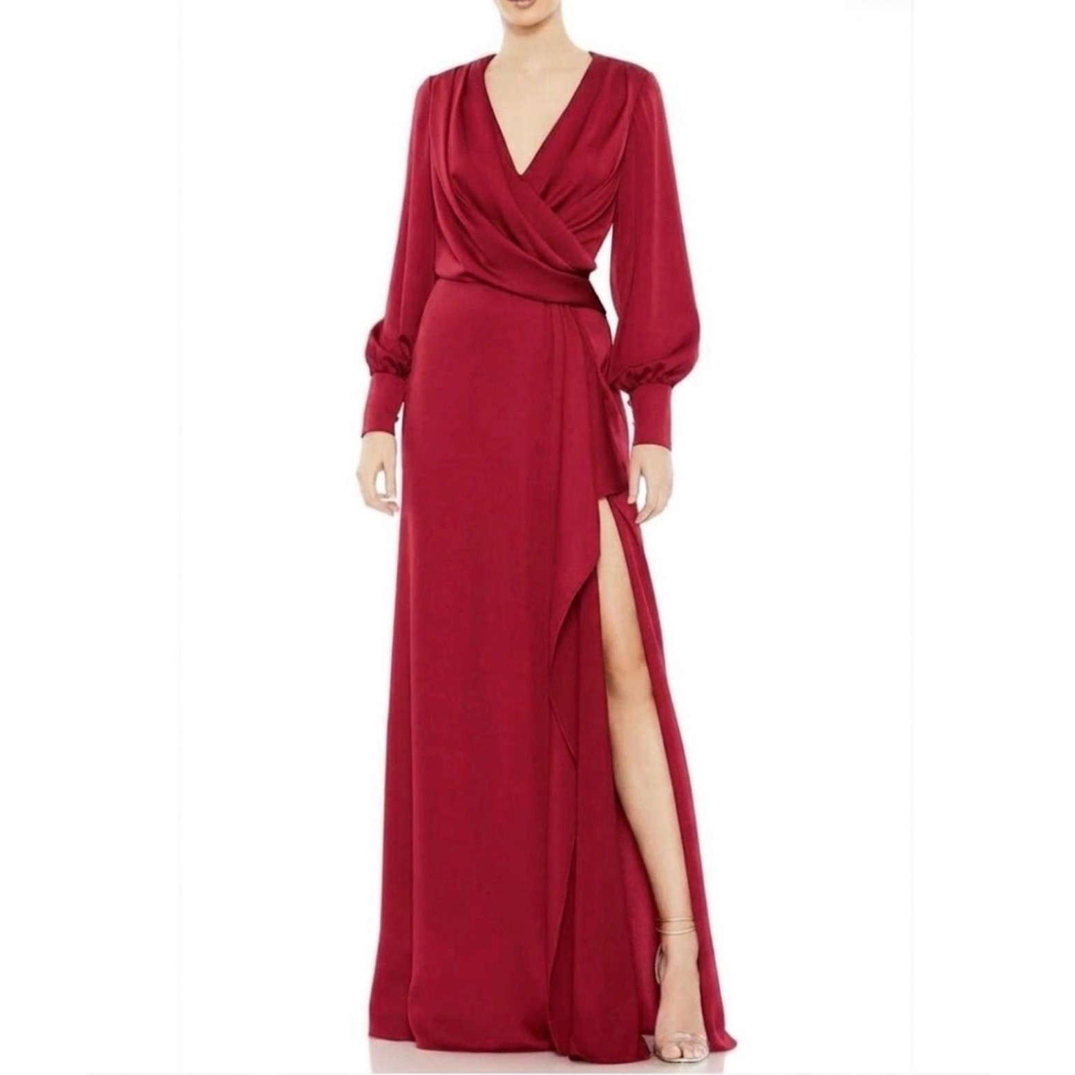 Mac Duggal 26895 Red Evening Gown Satin Long Sleeve V-Neck Column Dress Size 4