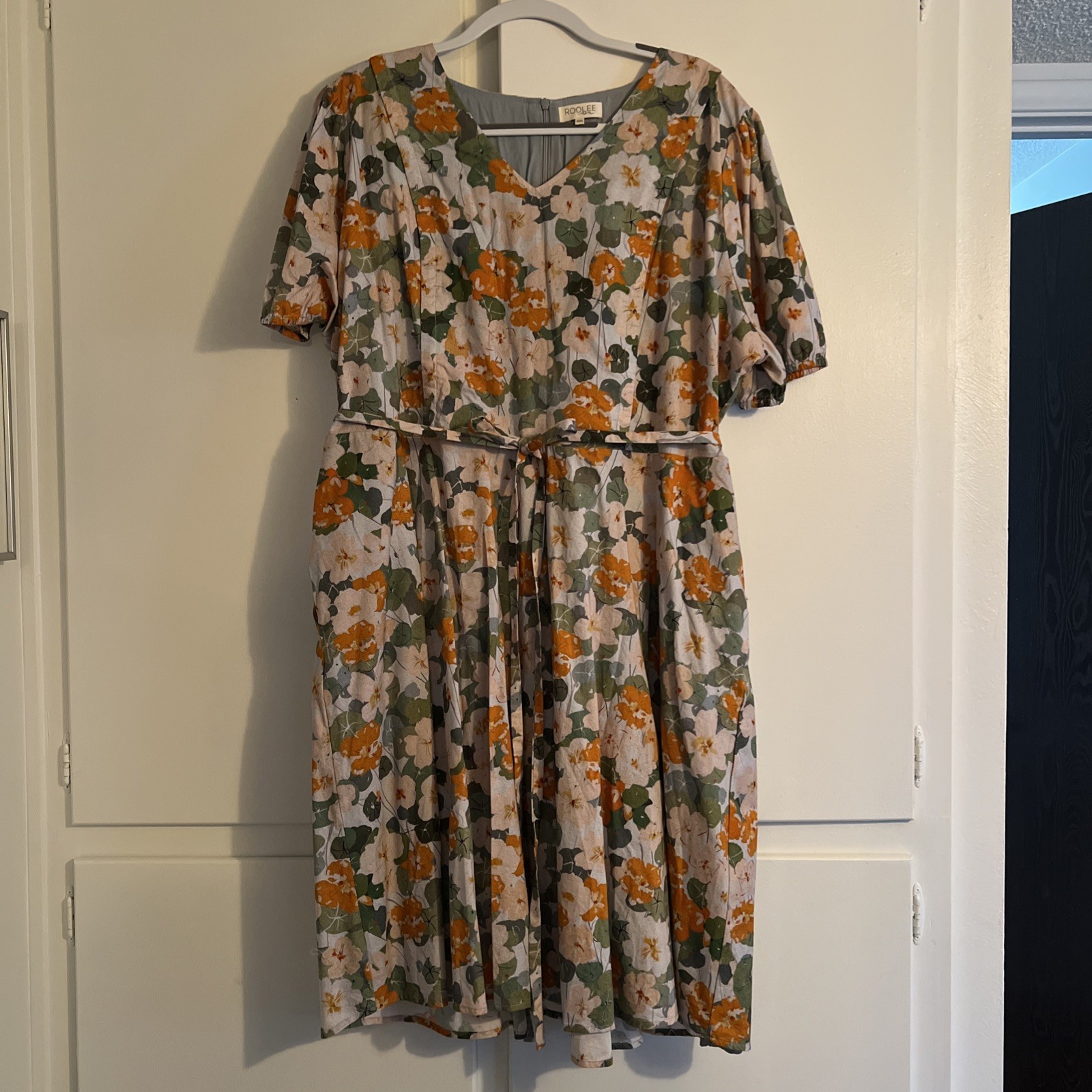 Roolee Dress Womens 3XL V-neck floral Midi Short Sleeve Tie belt Mama Bird