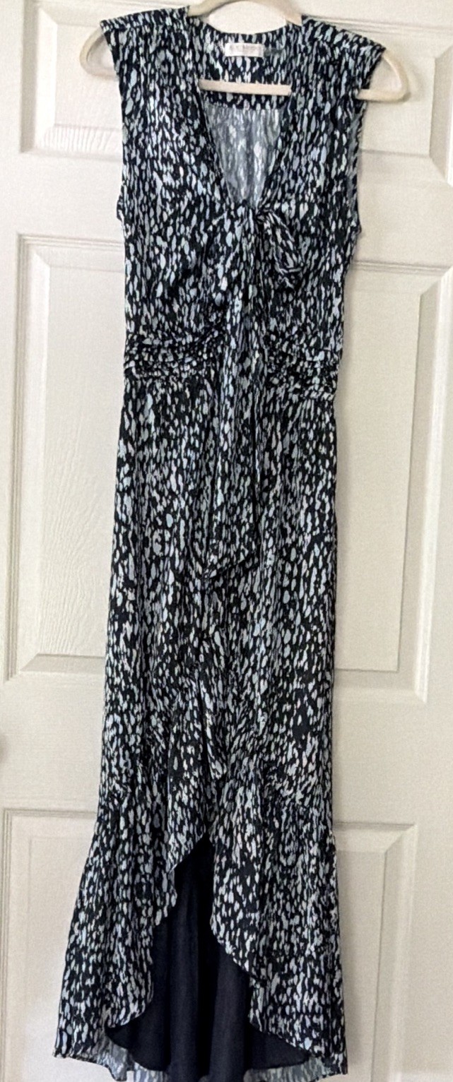 Ramy Brook navy/Blue/White Abstract print V-Neck Sleeveless Tie high low Dress M