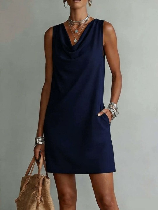 Women Sleeveless Cowl Neck Mini Dress Loose Straight Shift Casual Short Dress