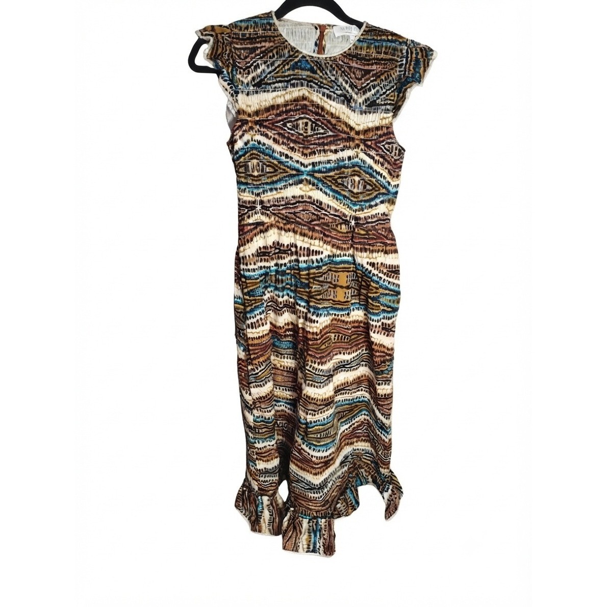Hunter Bell New York Ikat Print Smocked Midi Dress Brown Blue Women Size M