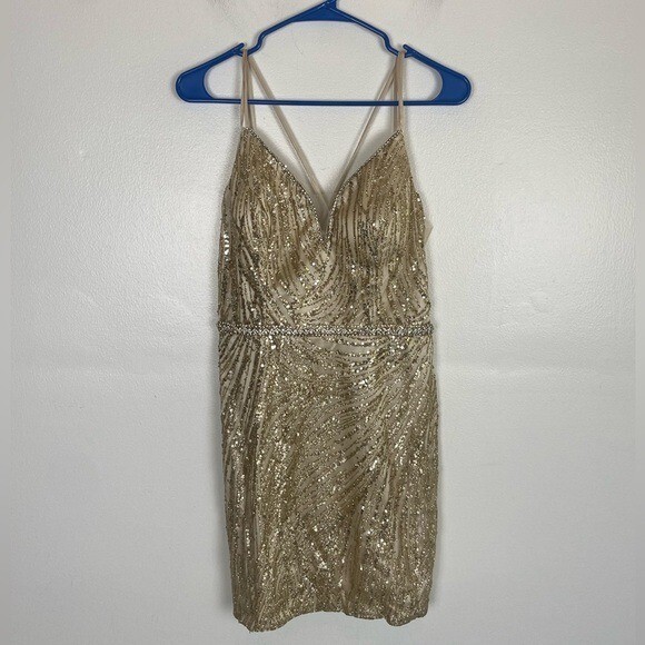 Dancing Queen Sequin Mini Dress L Gold Padded V-Neck Sexy Glam Cocktail Party