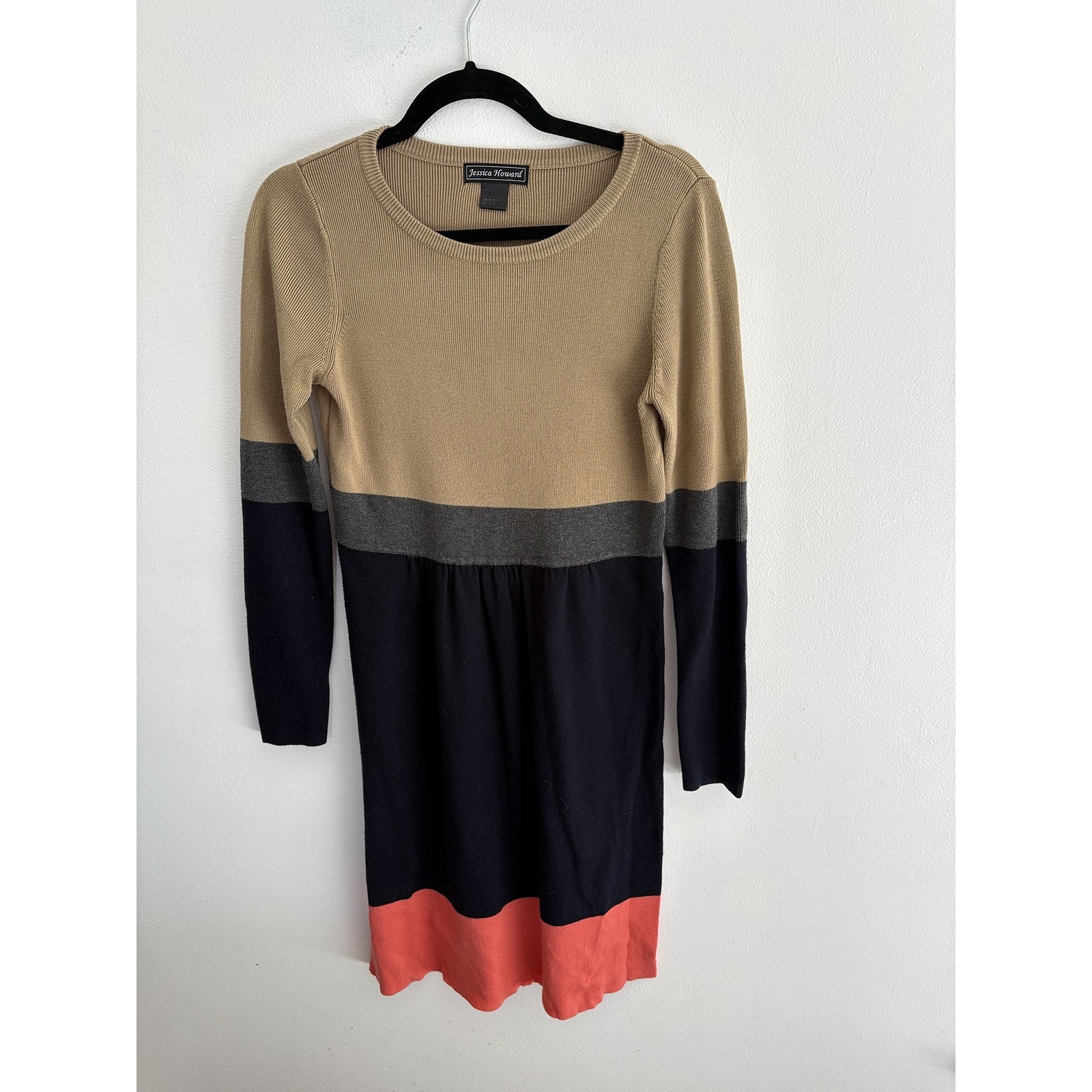 Jessica Howard Womens Colorblock Knit Sweater Dress Tan Navy Coral Long Sleeve
