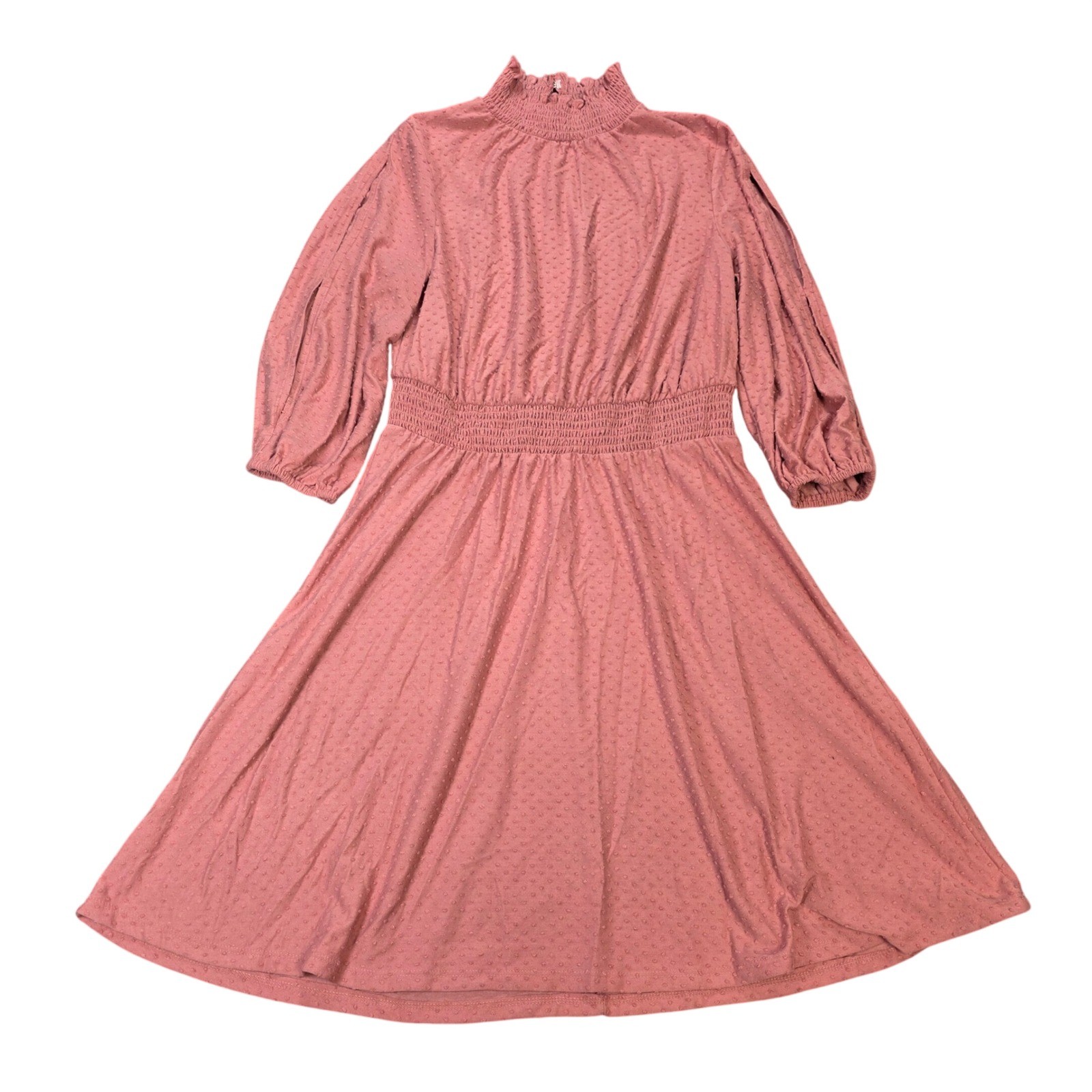 Cato EST. 1946 Swiss Dot Midi Dress Women’s Size M Mauve Pink Smocked Mock Neck