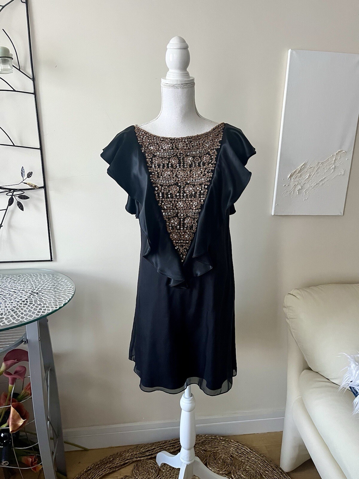 Alice + Olivia Vintage Black Silk Beaded Ruffle Mini Cocktail Dress sz Small EUC