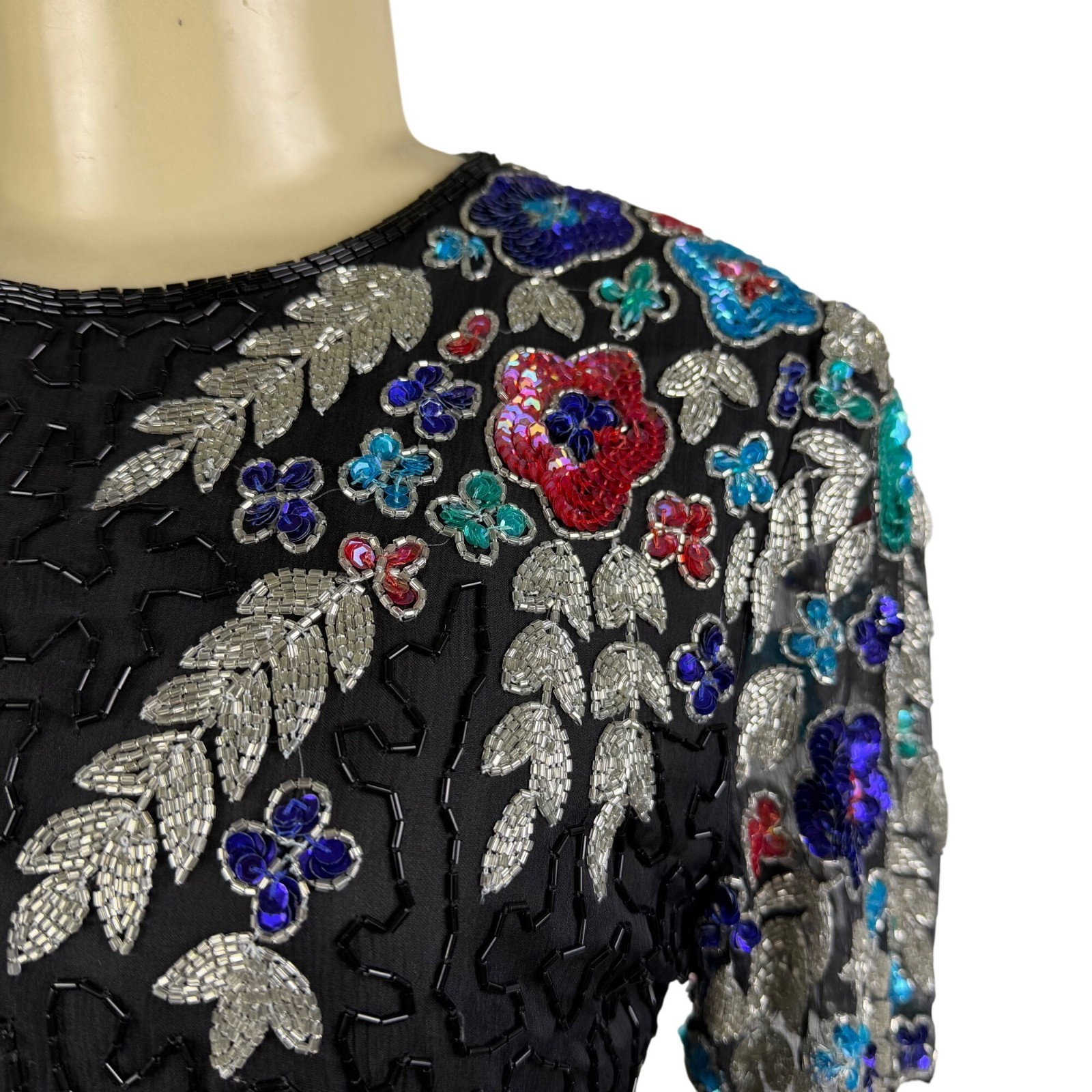 Handmade Black / Multicolor Beaded Embroidered Dress Keyhole Back Fully Lined