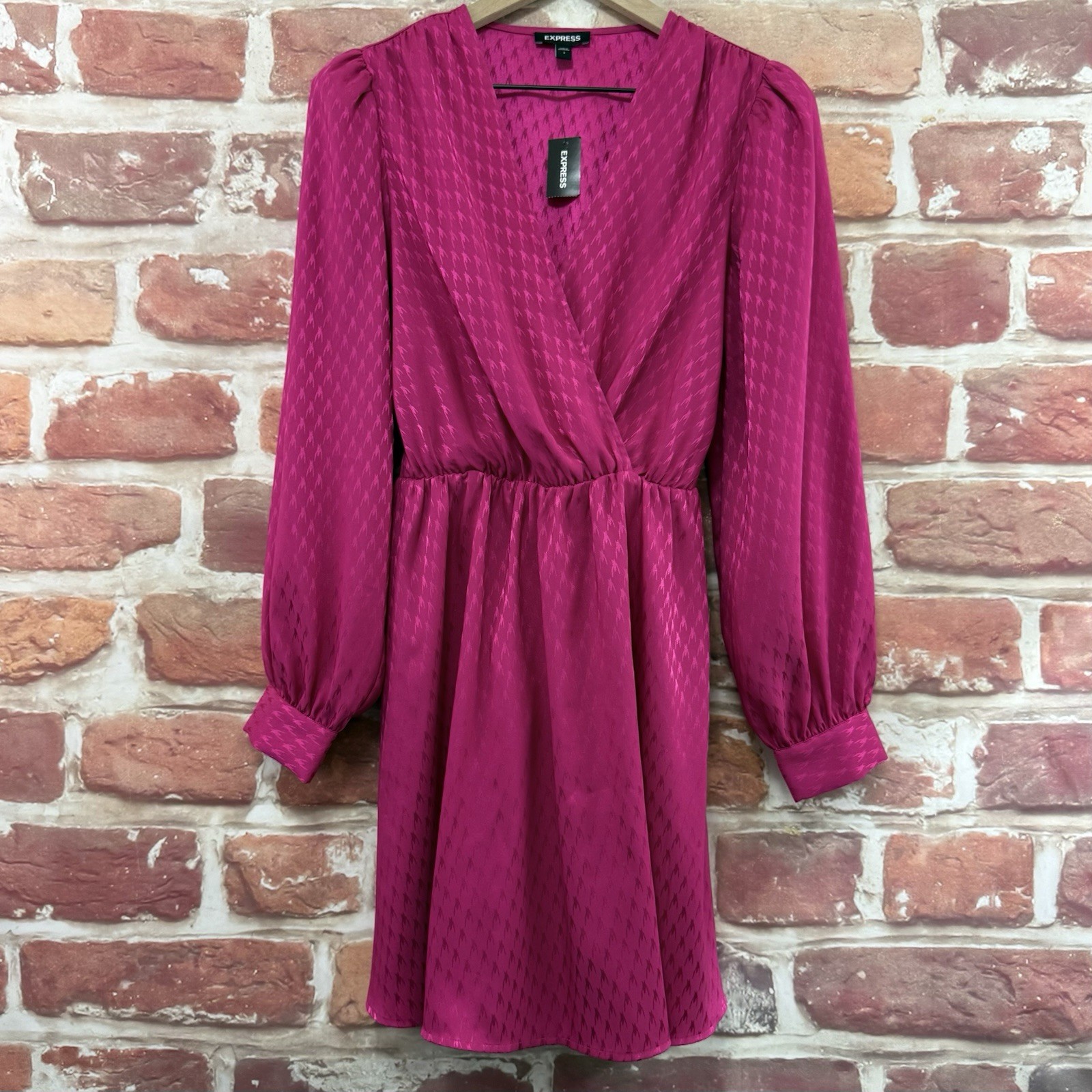 Express Dress Womens S Pink Houndstooth Abstract Satin Tie Back Surplice Wrap