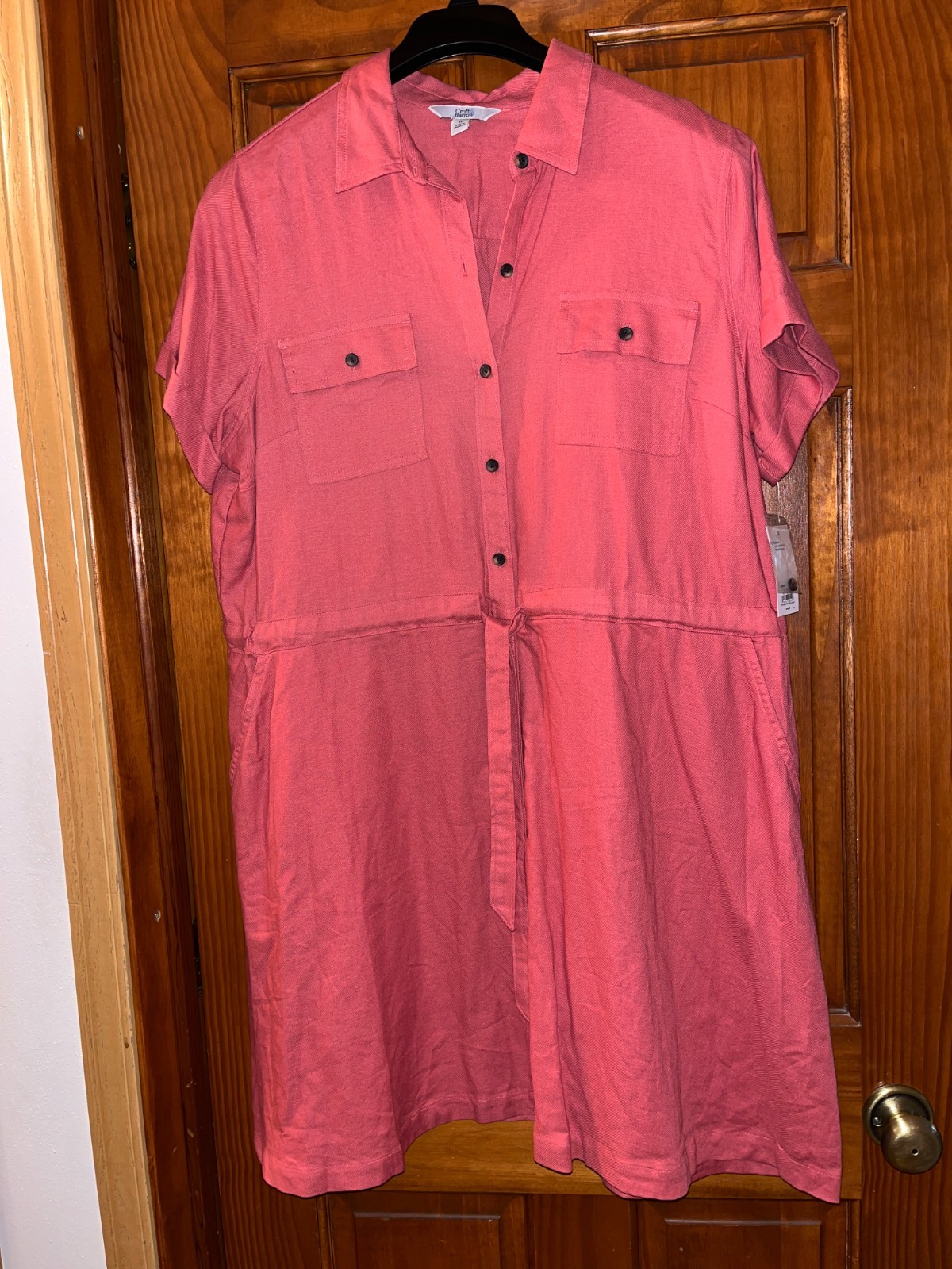 Croft & Barrow Short Sleeve Shirt Dress Button Up Drawstring Tie Waist XL Coral