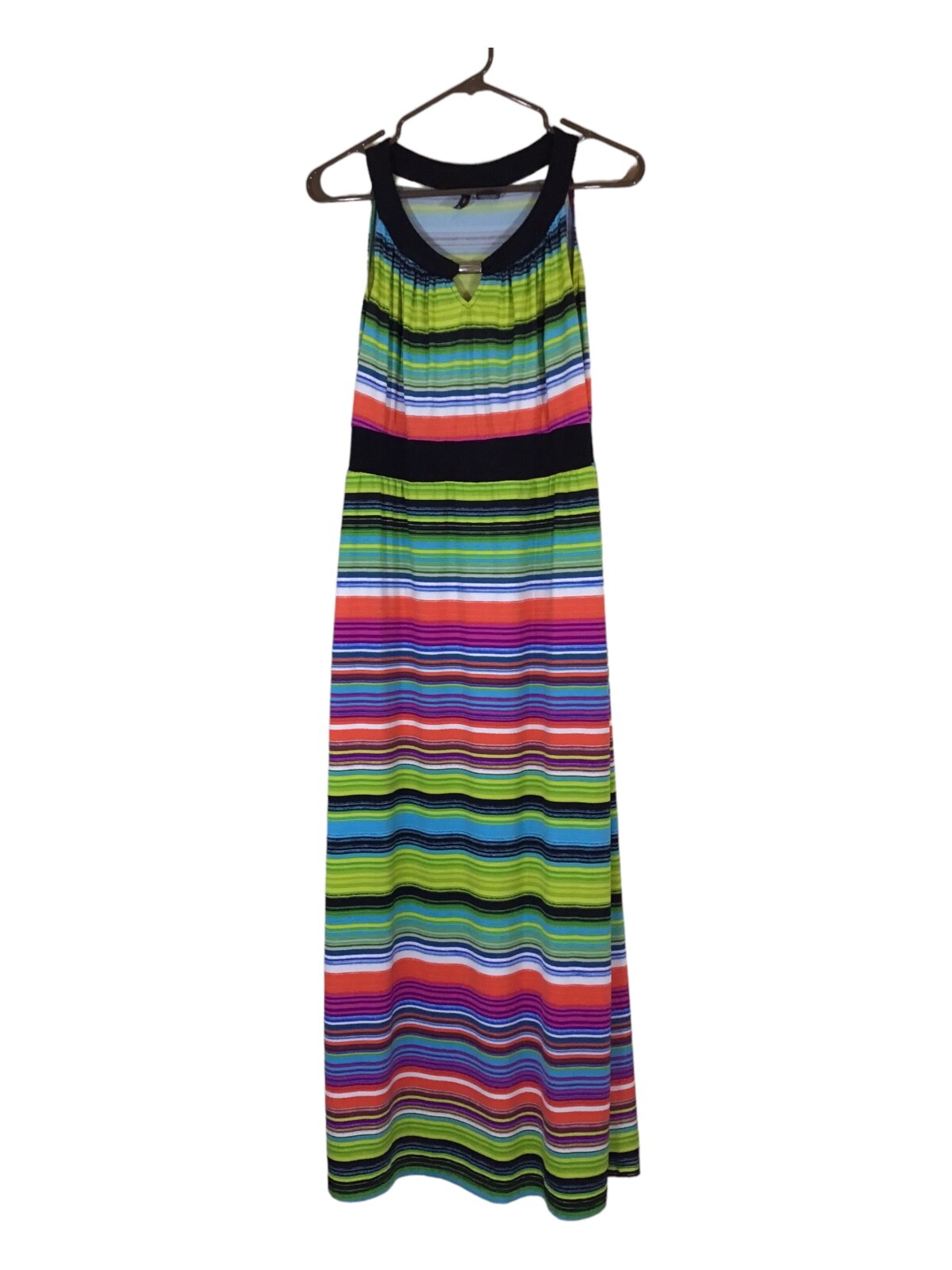 New Directions Petite Large Multicolor Striped Maxi Dress Sleeveless Keyhole Nec