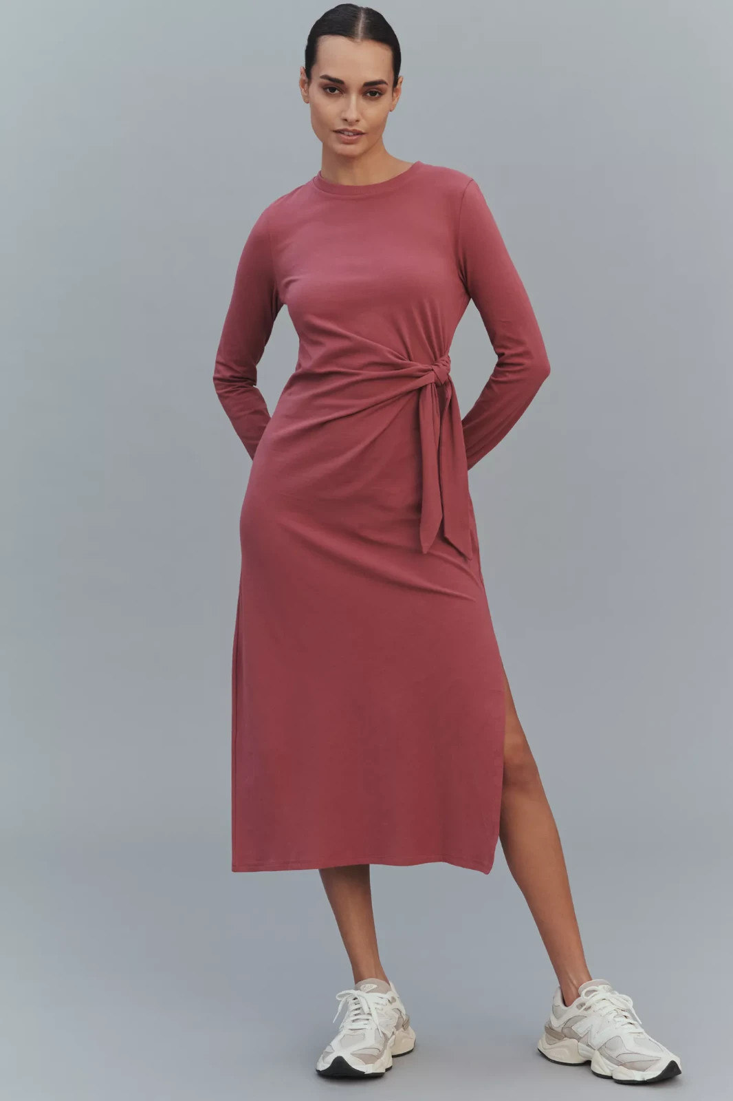 Anthropologie Daily Practice Tie Breaker Long-Sleeve Midi Dress Size S Plum NWT