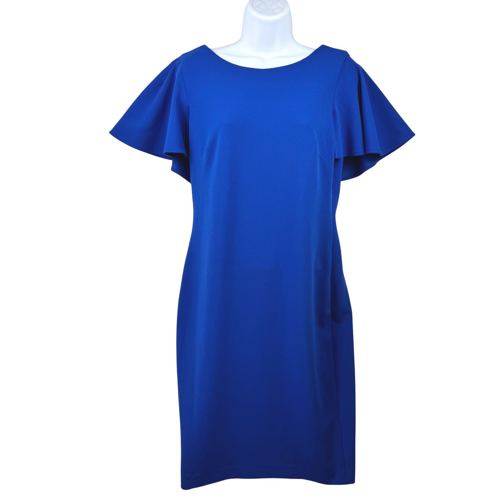 Calvin Klein Ruffle Cape Sleeve Sheath Dress Women 8 Blue Cocktail Wedding