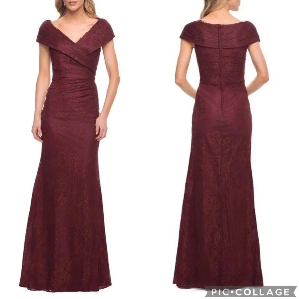 NWT La Femme sz 6 27982 Portrait Neck Lace Gown Burgundy Red Pleat Long Formal