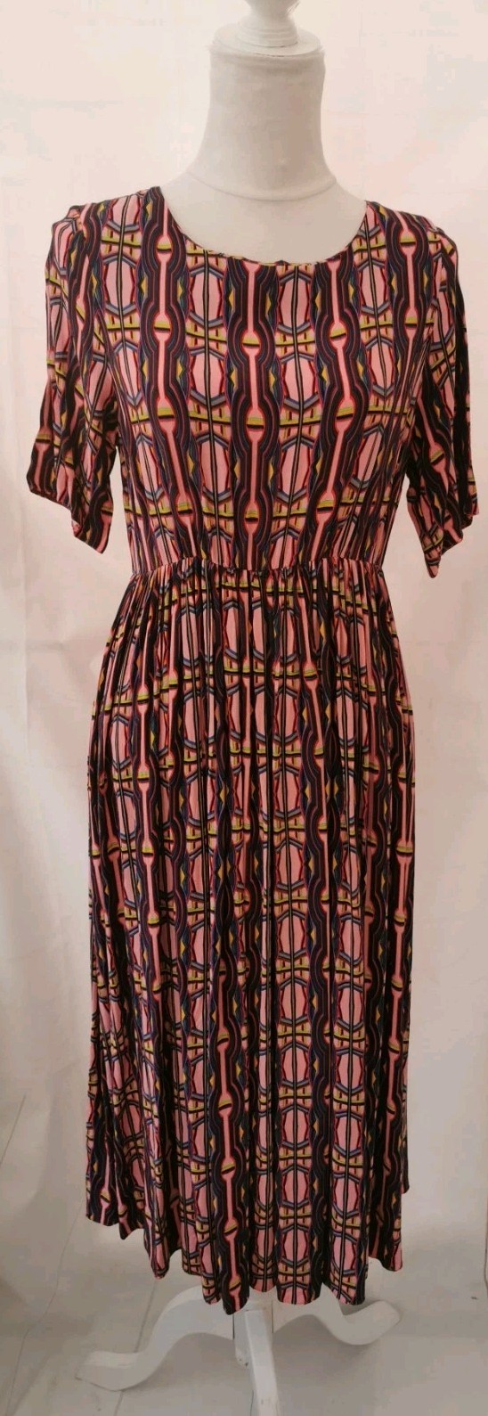 Asos Ladies Dress Size 12 Pink Gold Blue Short Sleeves Round Neck Folds Pleats
