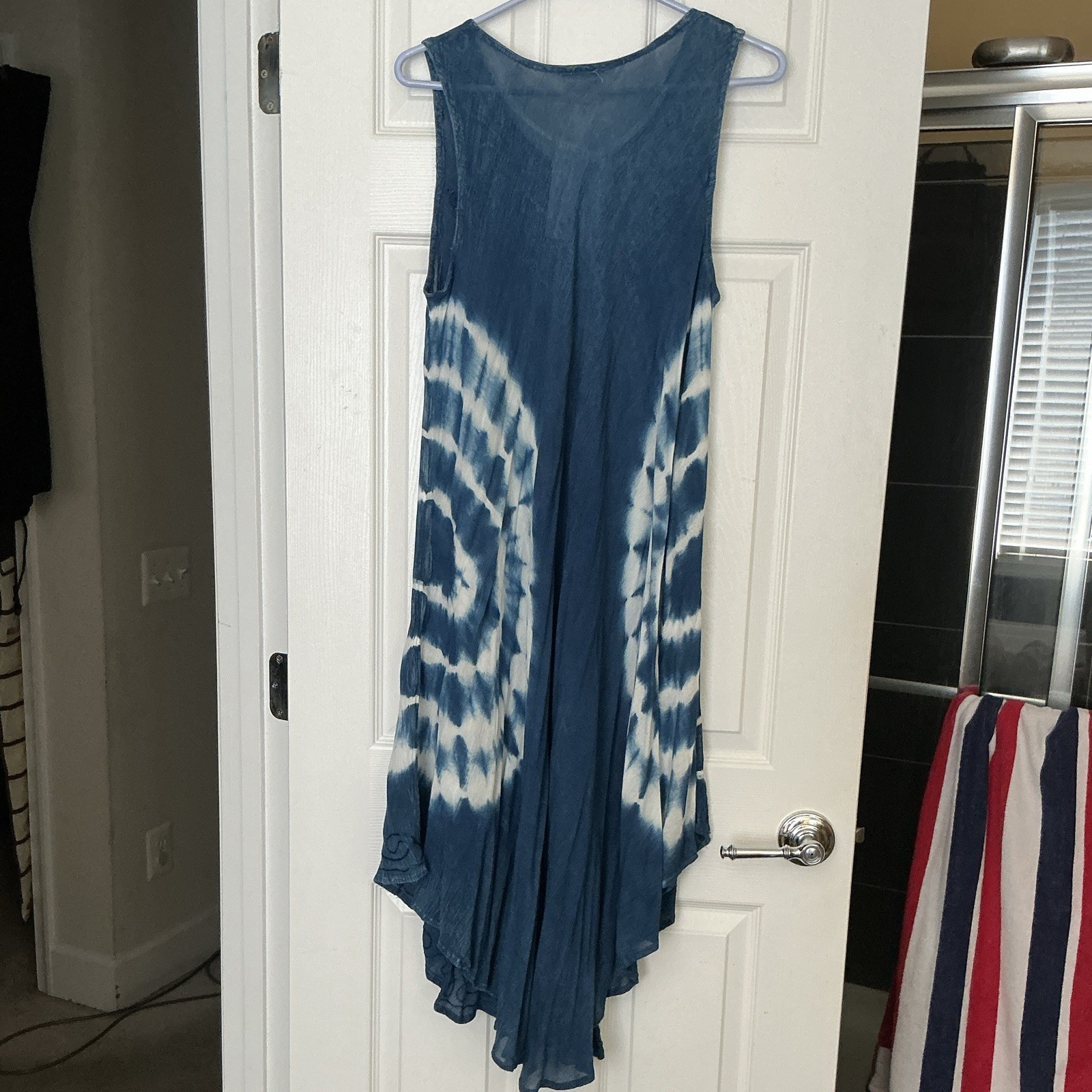 Exist Blue/White Tie Dye Shift Midi Dress One Size Sleeveless V-Neck Embroidered