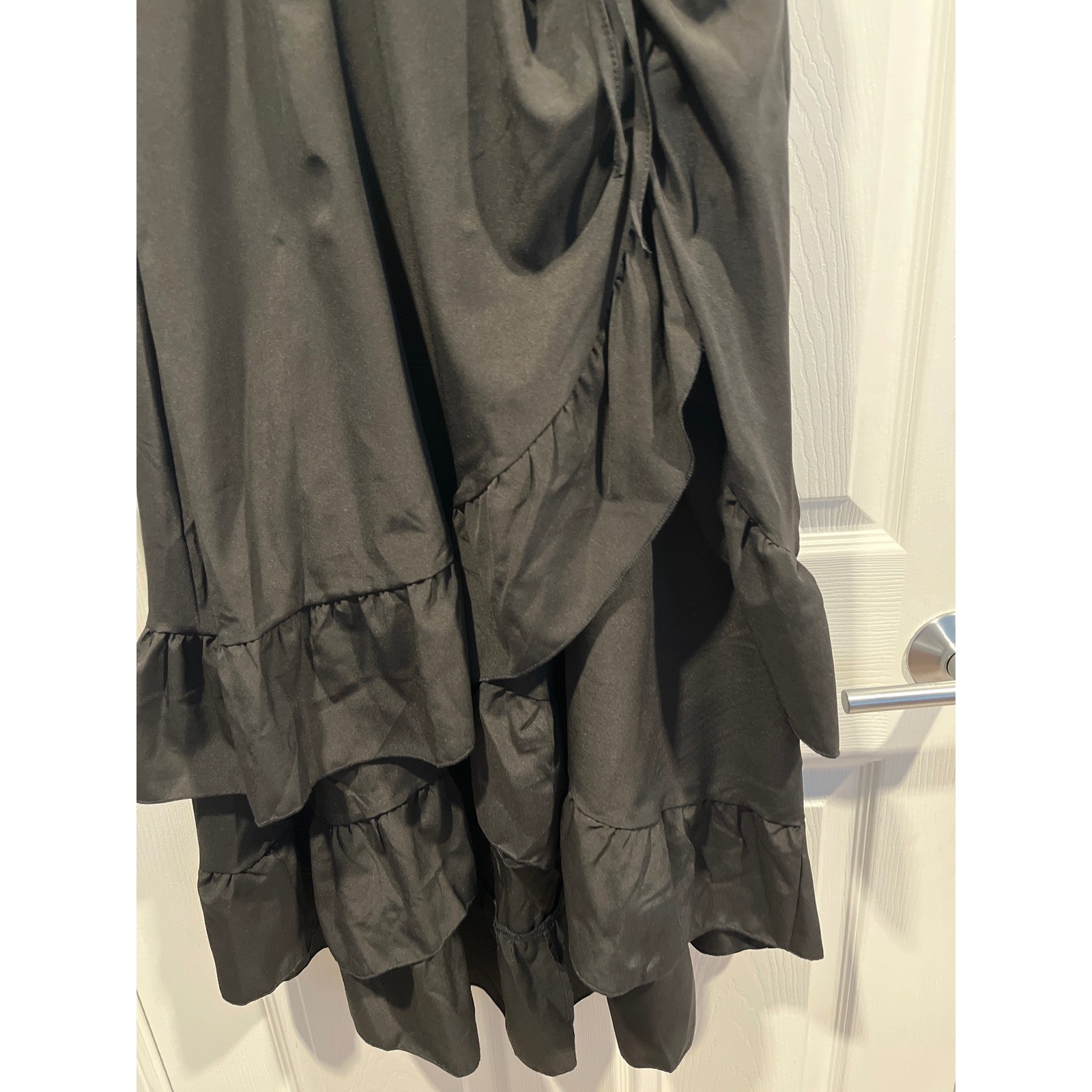 Black Ruffle Tiered Midi Dress Smocked Back High Low Asymmetrical Hem Sleeveless