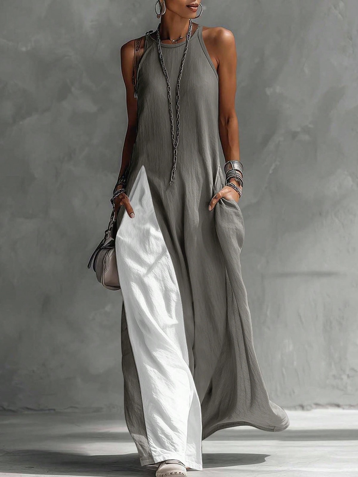 Womens Linen Blend Long Dress With Spaghetti Straps