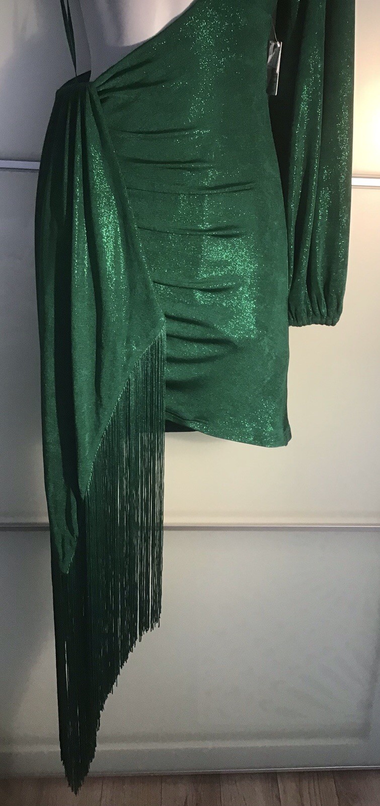 NADINE MERABI ONE SHOULDER MINI DRESS WITH FRINGE DITAIL NIKKI GREEN DRESS S/M