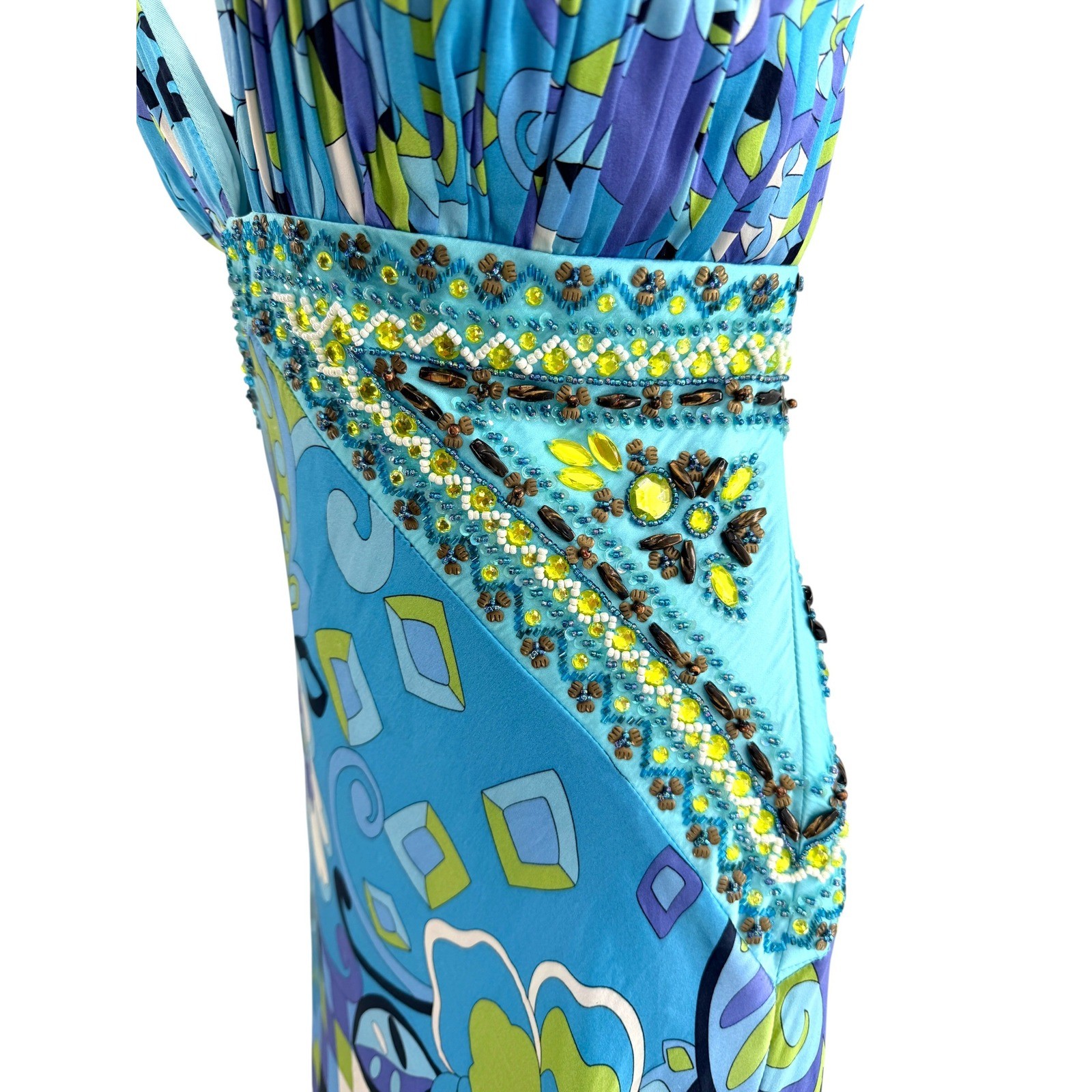 Sue Wong Nocturne Blue Silk Beaded Psychedelic Floral Maxi Dress Open Back 12