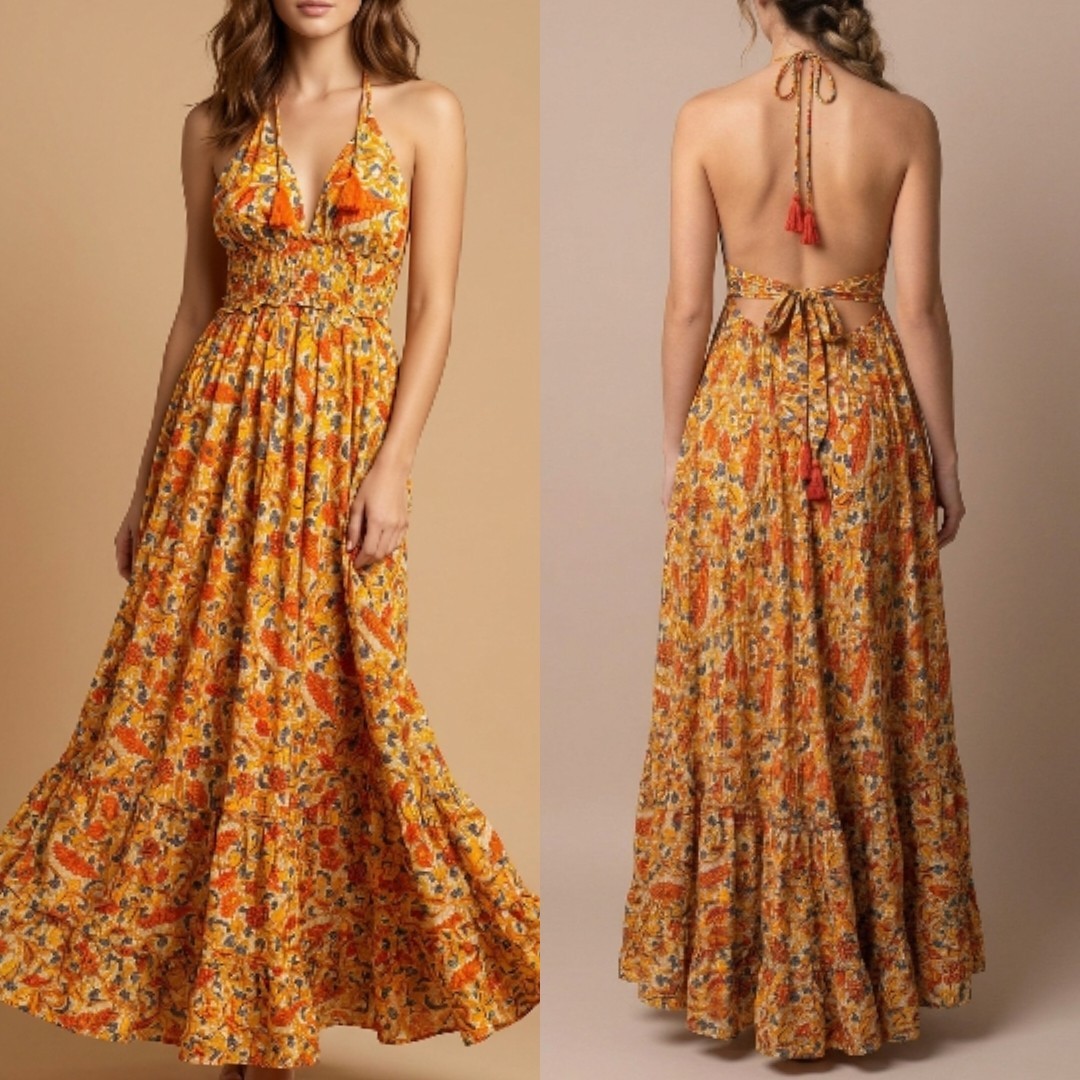 Boho Floral Halter Maxi Dress Smocked Tiered Flowy Ruffled Gypsy Sundress! S