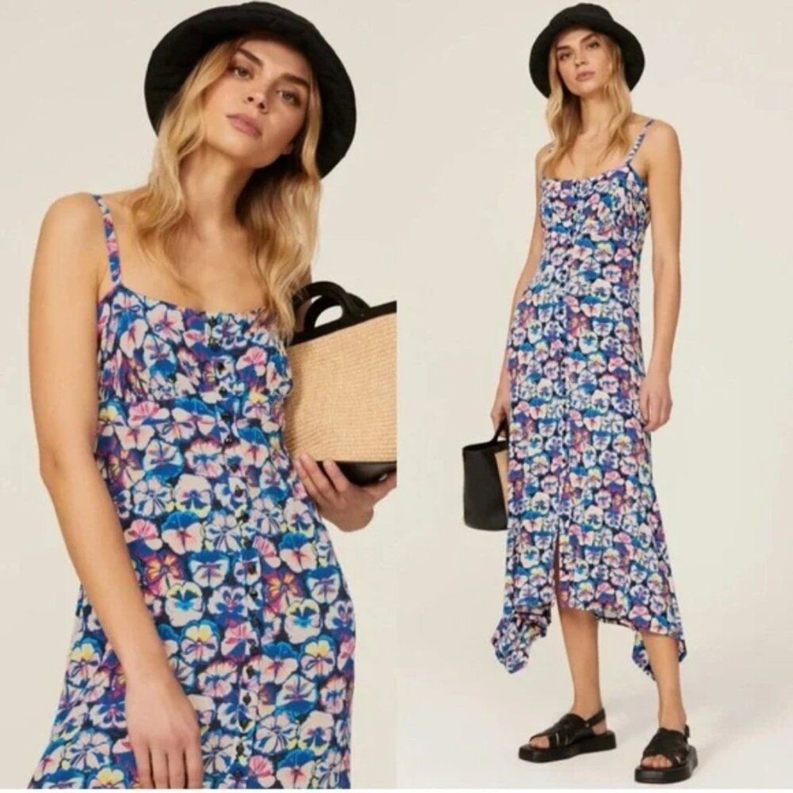 Paco RABANNE Dress – Pansy Print Flowy Jersey Midi slip Sun sweetheart Blue 10