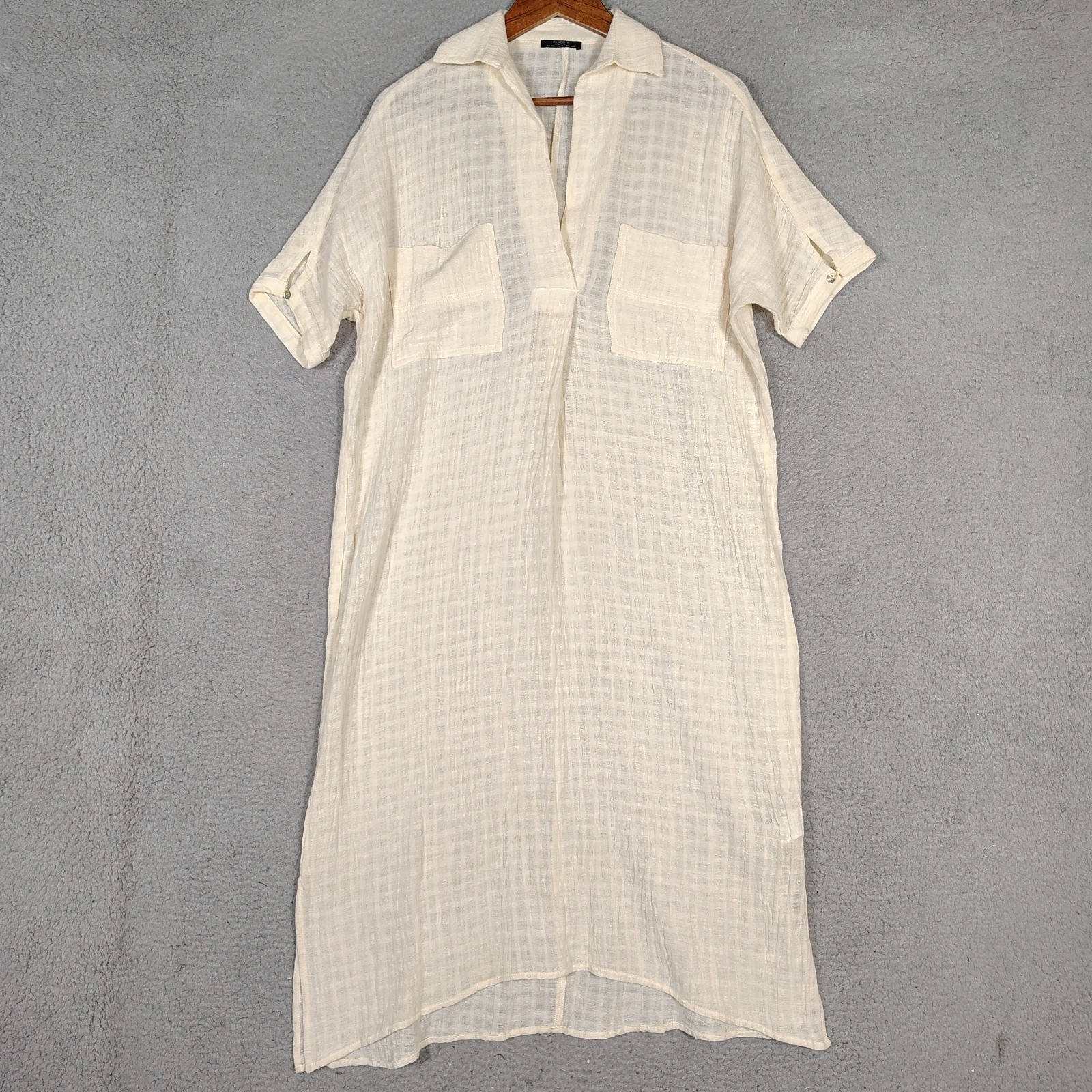 Parfois Midi Dress Womens XS/S Beige Linen Blend Sheer Short Sleeve Coastal Core