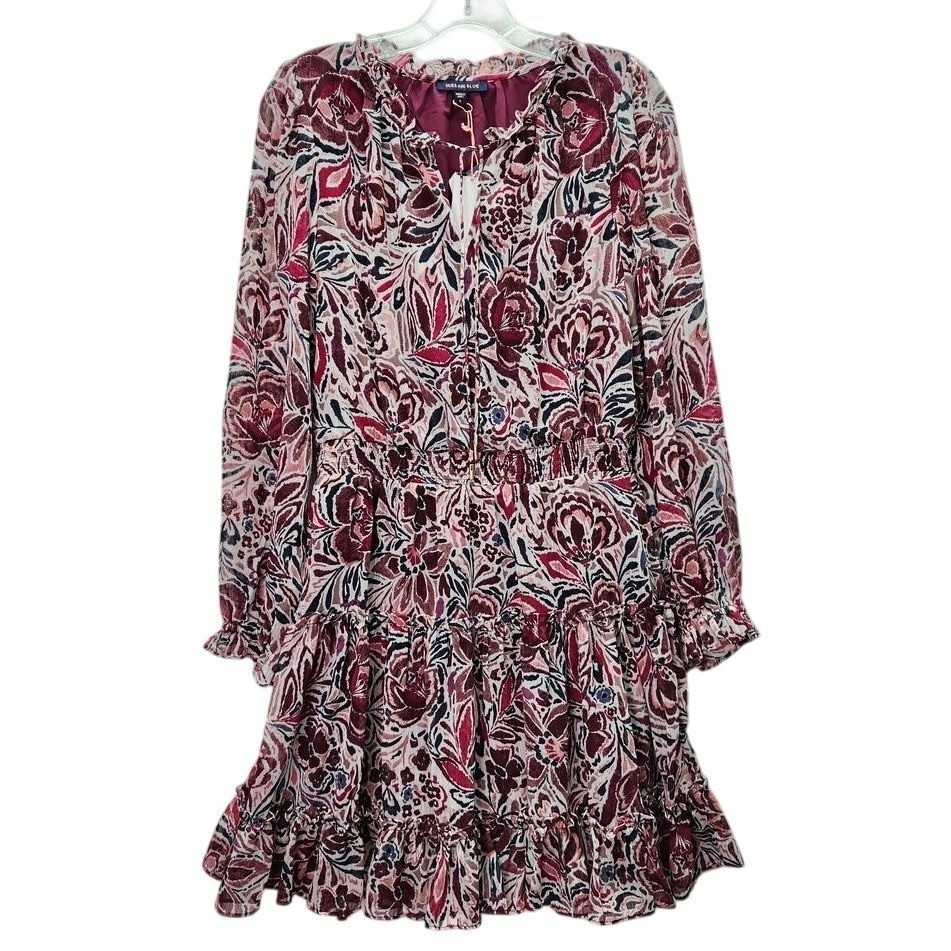 Skies Are Blue Dress Womens S Orchid Metallic Floral Long Sleeve Ruffled Dress