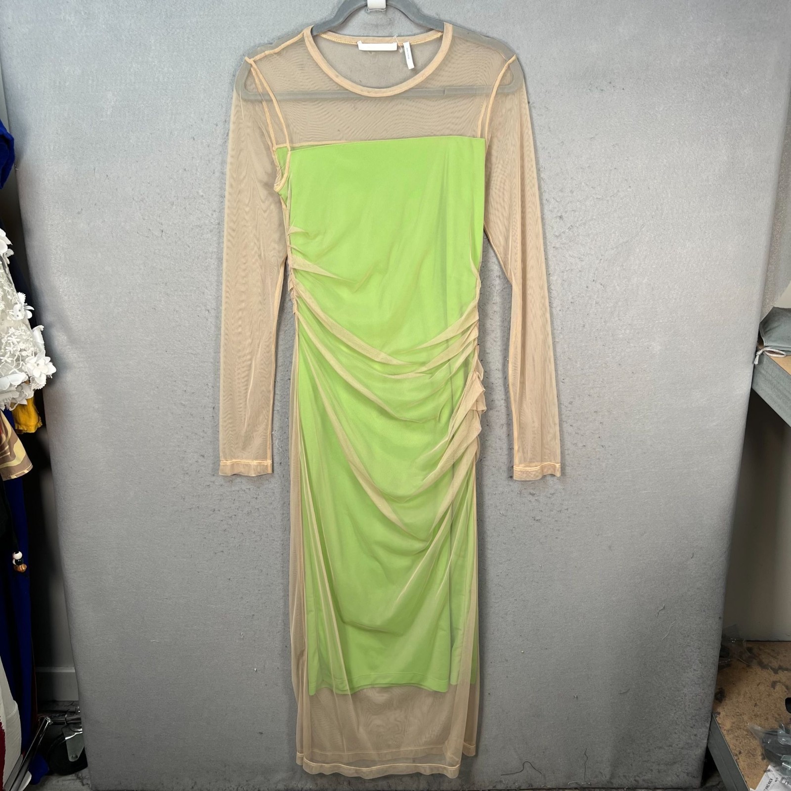 Helmut Lang Sheer Nude & Neon Green Ruched Mesh Long Sleeve Midi Dress Size M