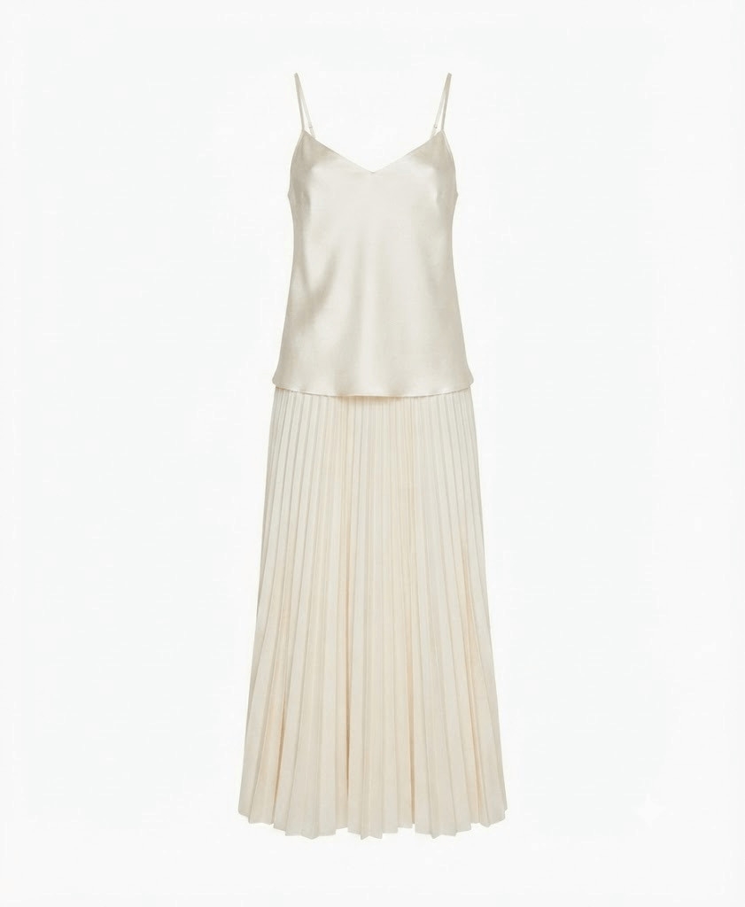 Avec Les Filles Satin Camisole Pleated Skirt Layered-Look Maxi Dress Cream 14