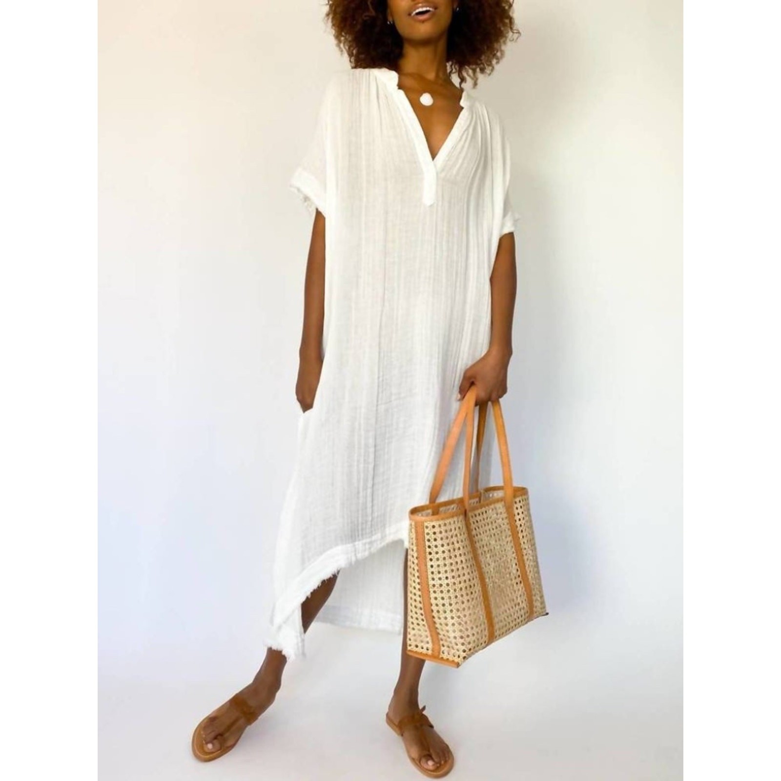 9Seed Tunisia Cotton Gauze Caftan Midi Dress in White One Size Coastal