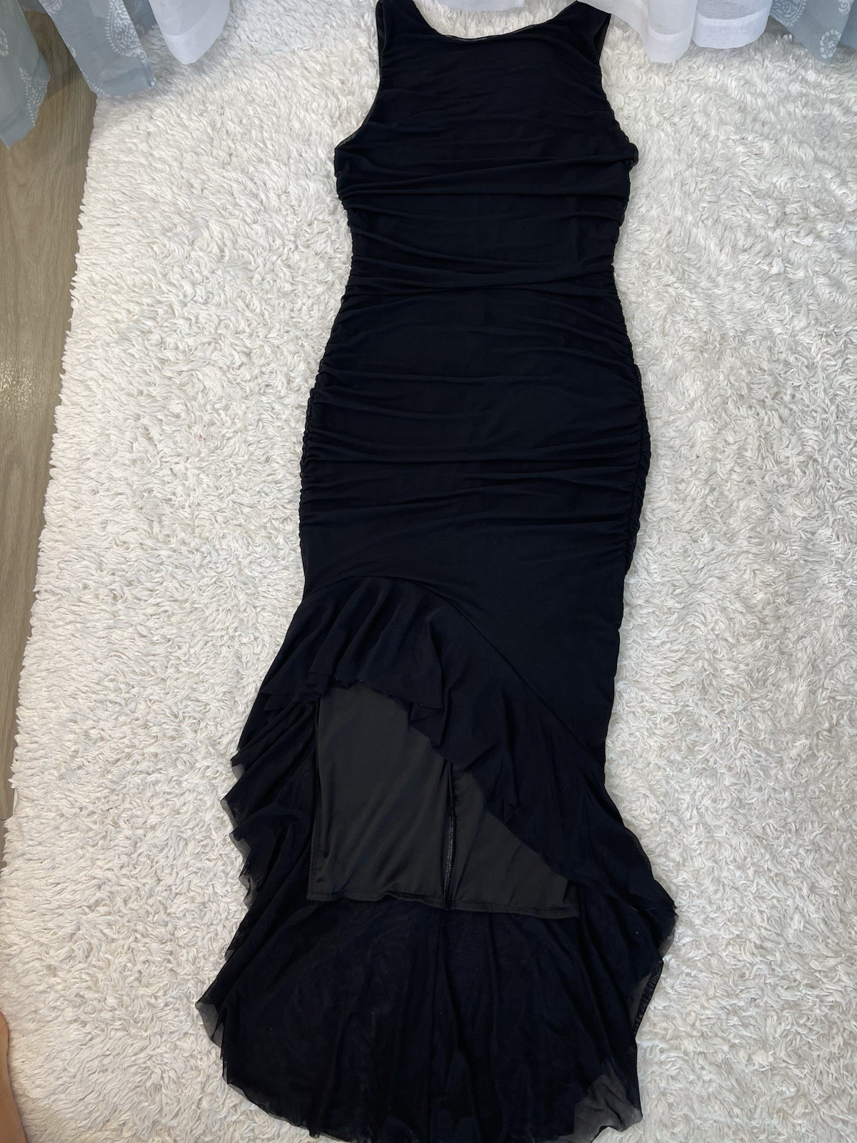 ZESICA Women’s Black Solid Ruched Sheer Mesh Ruffle Bodycon Midi Dress M