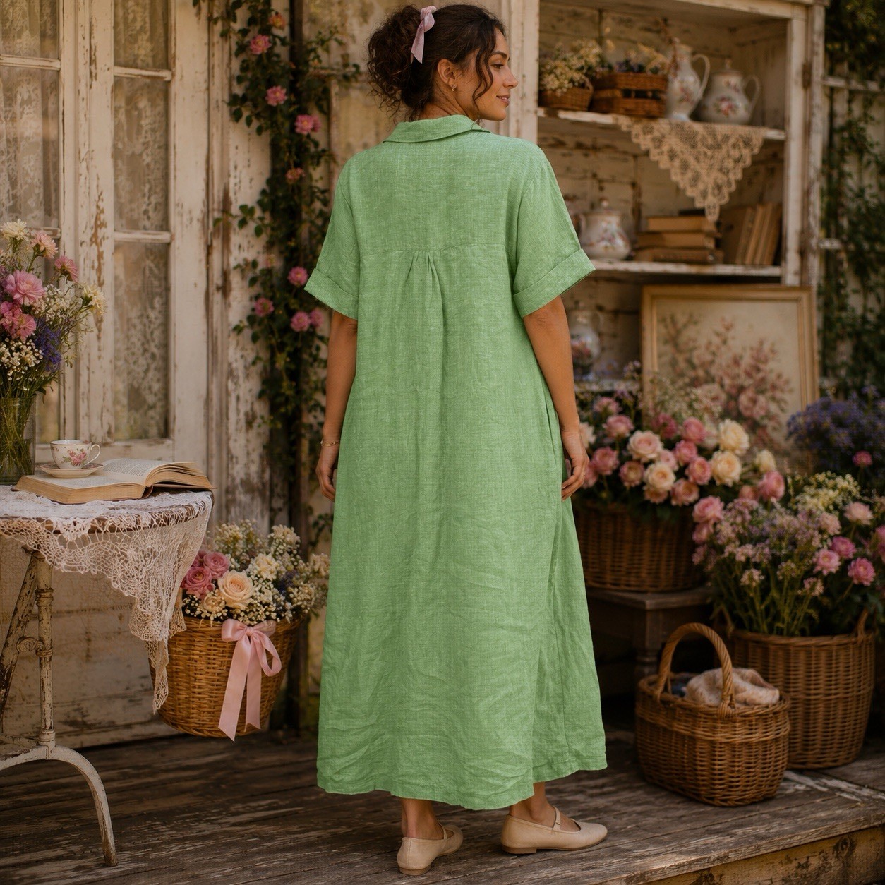 Talbots Linen Bouquet Green Button Down Shirt Dress Quiet Luxury Minimalist