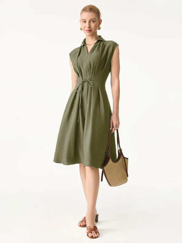 Women’s Collared V Neck Midi Dress Drawstring Waist Linen Blend Dress, Gold