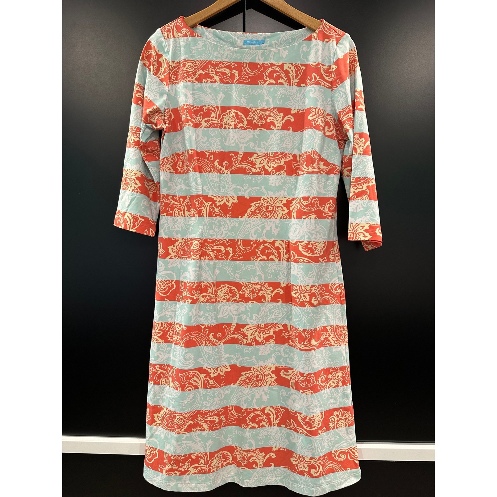 J McLaughlin Catalina Cloth Paisley Stripe Dress Coral Mint 3/4 Sleeve Medium