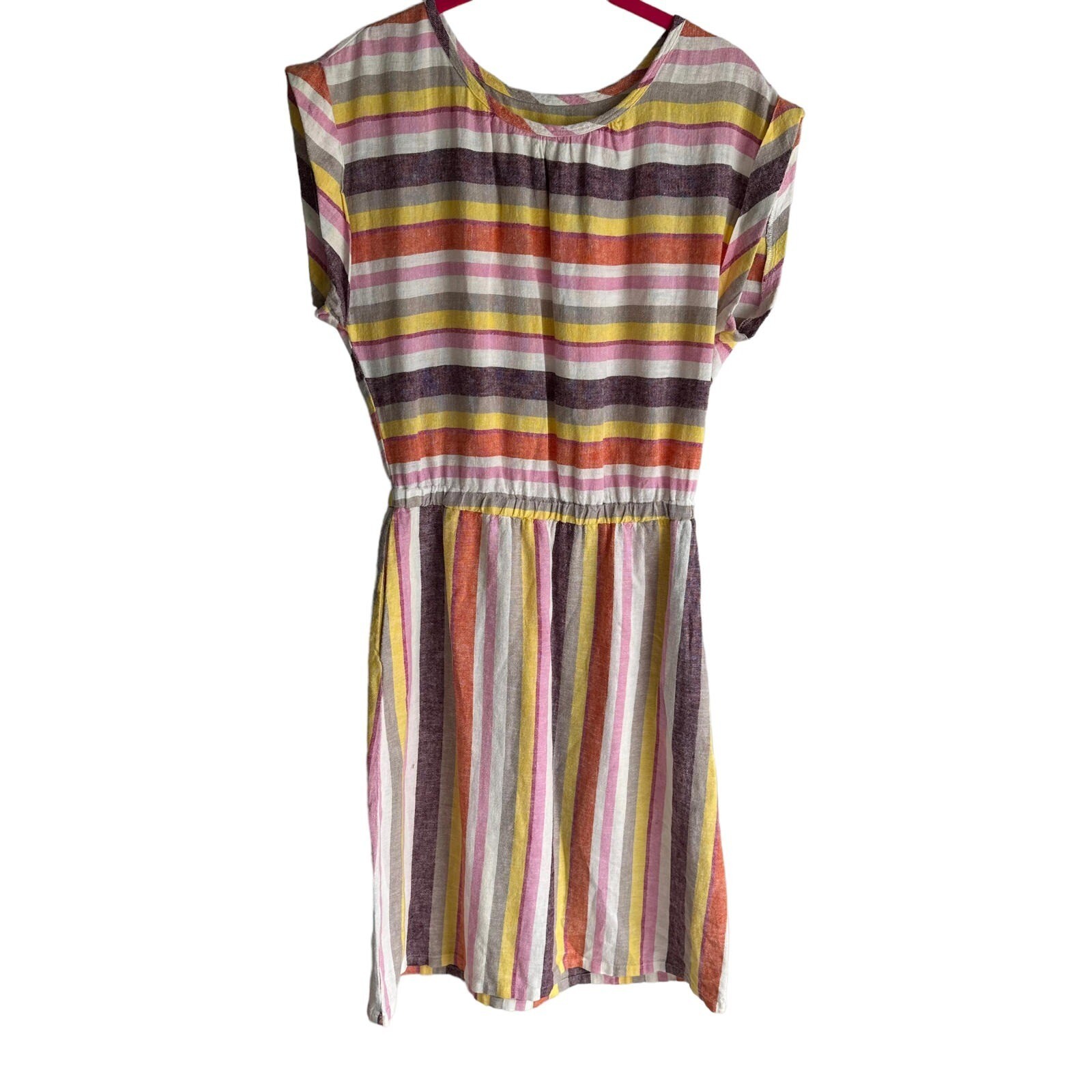 CASLON Multicolor Short Sleeve Striped Ladies Linen Blend Pullover Dress, XS