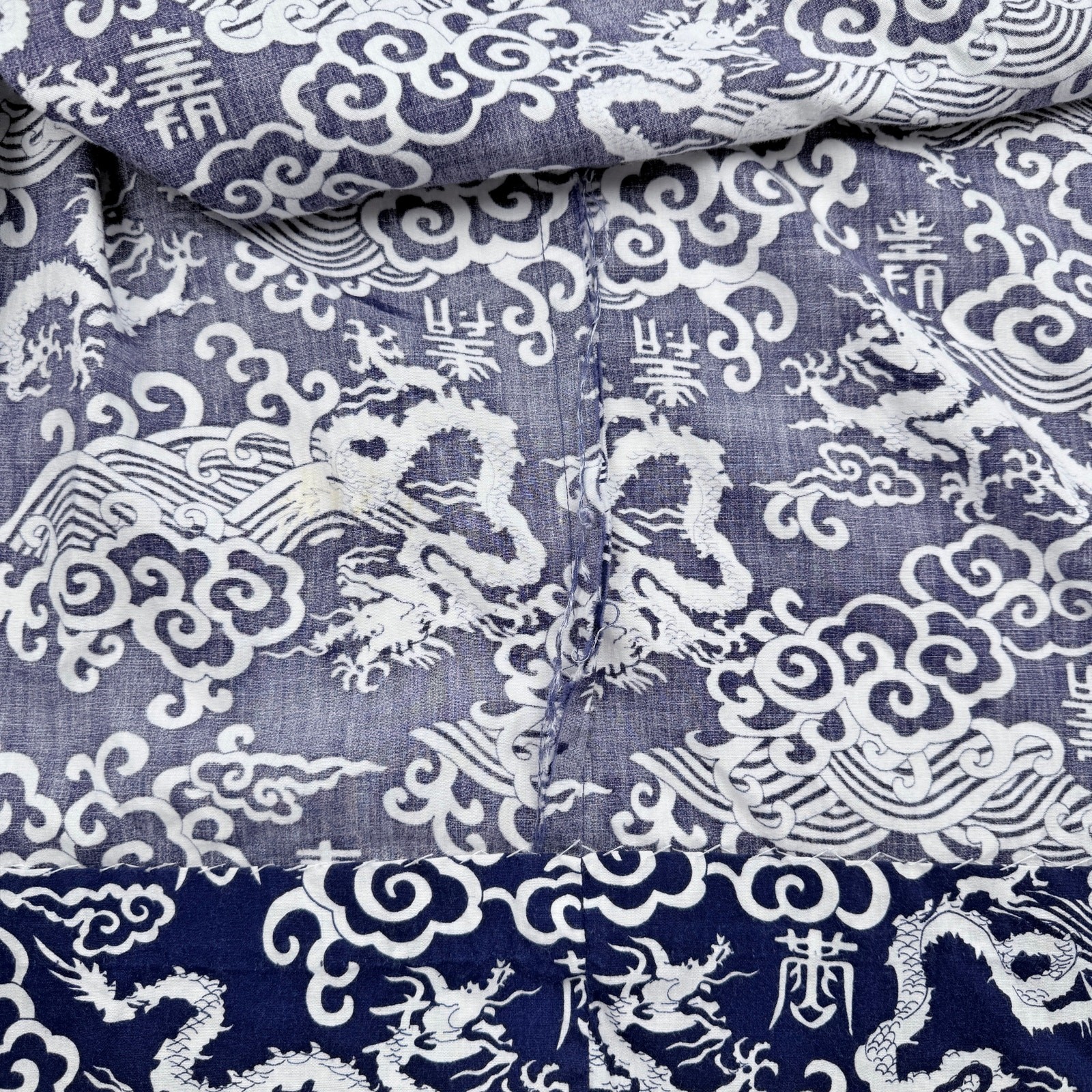 Vintage Chinese Style Maxi Dress Blue Dragon Print High Neck Asian Handmade
